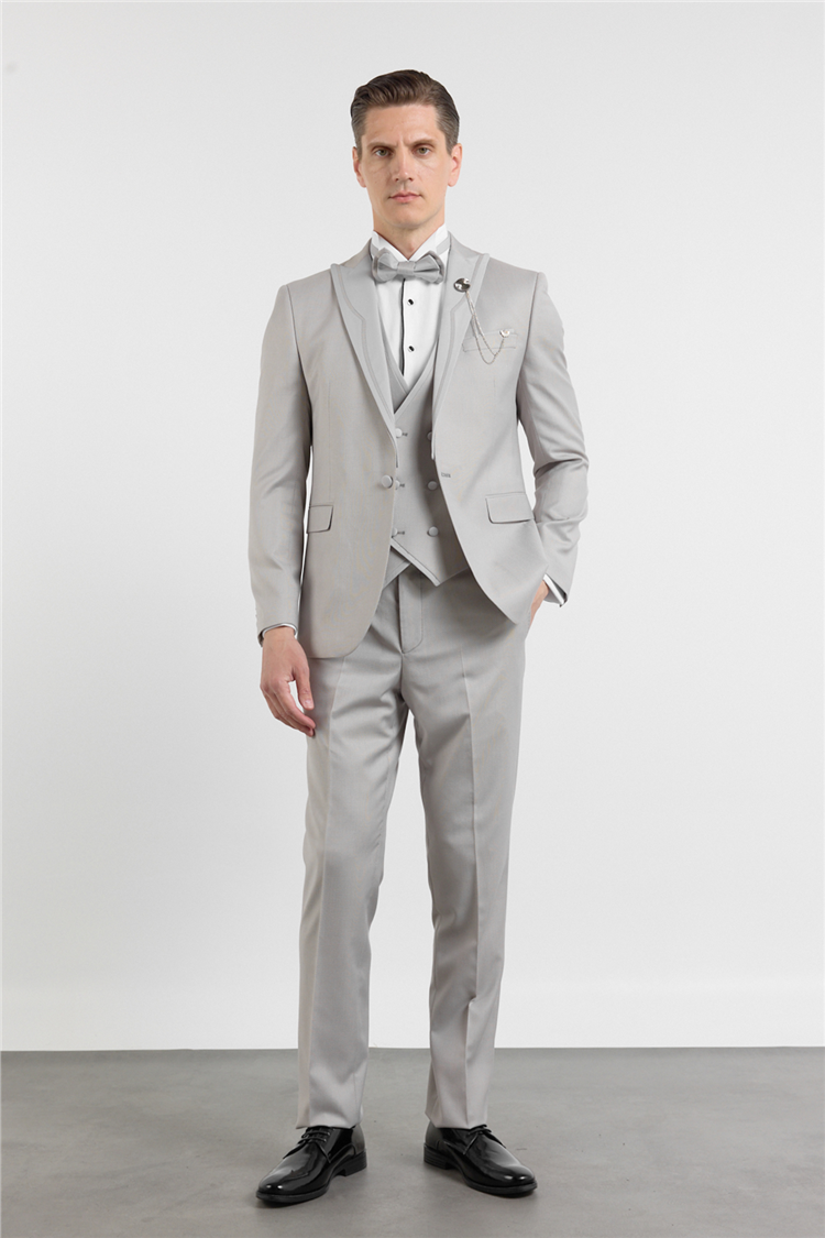 Gri Kılıç Yaka Çift Yırtmaç Esnek 6 Drop Slim Fit Damatlık Takım Elbise 1001250205
