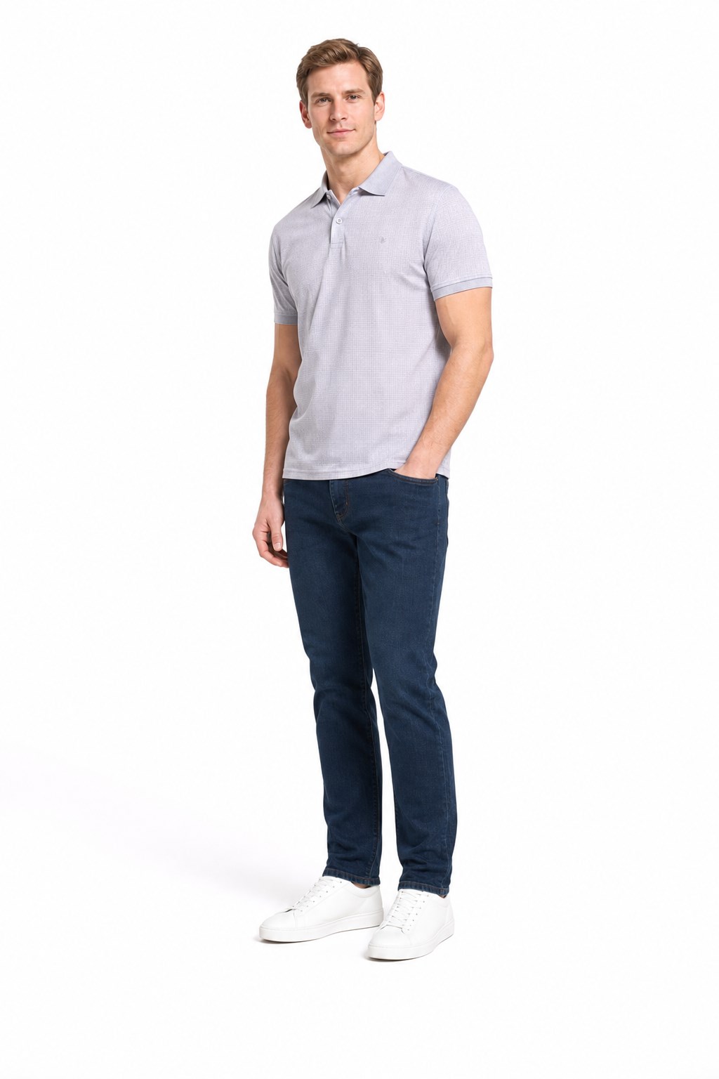 Gri Kısa Kol Baskılı Pike Polo Yaka Cepsiz esnek Casual Slim Fit Tişört 1011250150