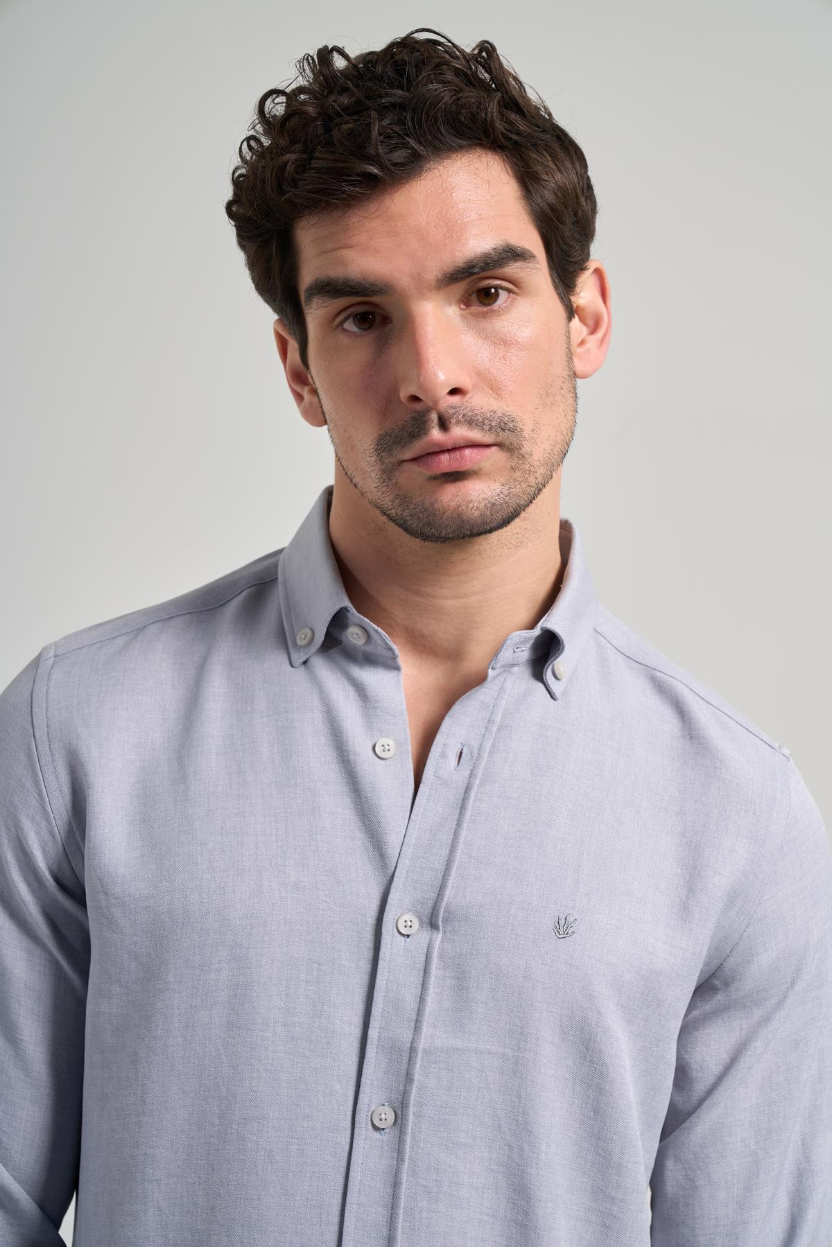 Gri Kısalabilir Kol Düz Gabardin Düğmeli Yaka Cepsiz Casual Slim Fit Gömlek 1004250124