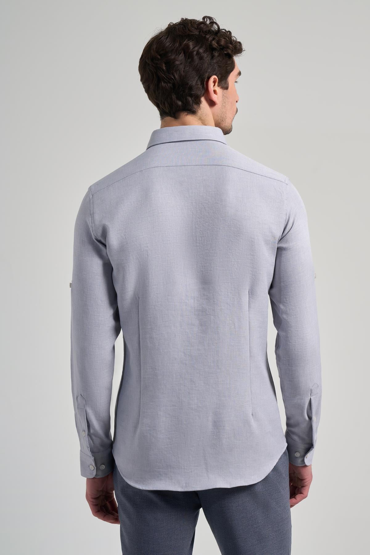Gri Kısalabilir Kol Düz Gabardin Düğmeli Yaka Cepsiz Casual Slim Fit Gömlek 1004250124