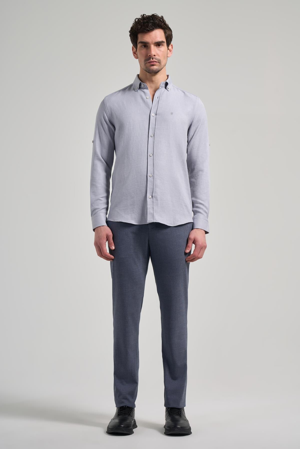 Gri Kısalabilir Kol Düz Gabardin Düğmeli Yaka Cepsiz Casual Slim Fit Gömlek 1004250124