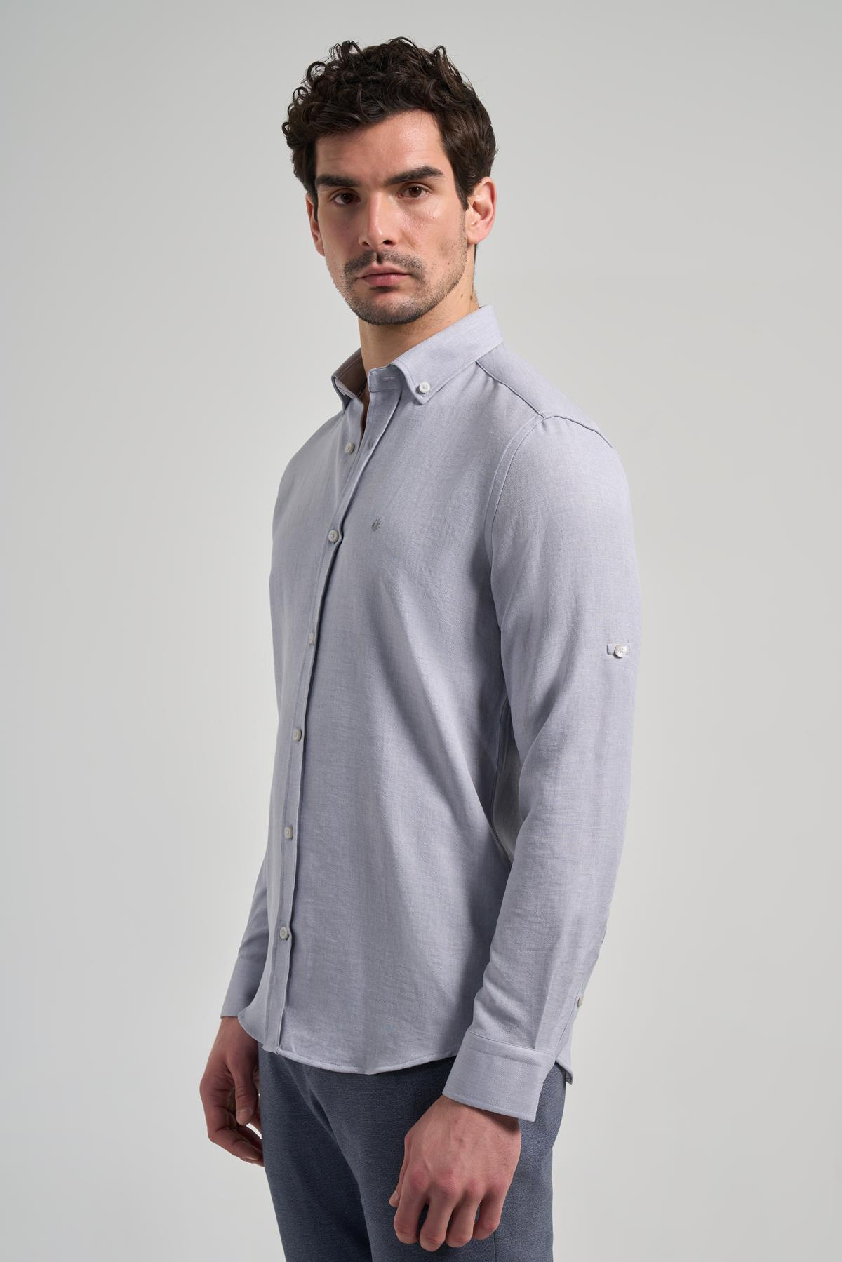 Gri Kısalabilir Kol Düz Gabardin Düğmeli Yaka Cepsiz Casual Slim Fit Gömlek 1004250124