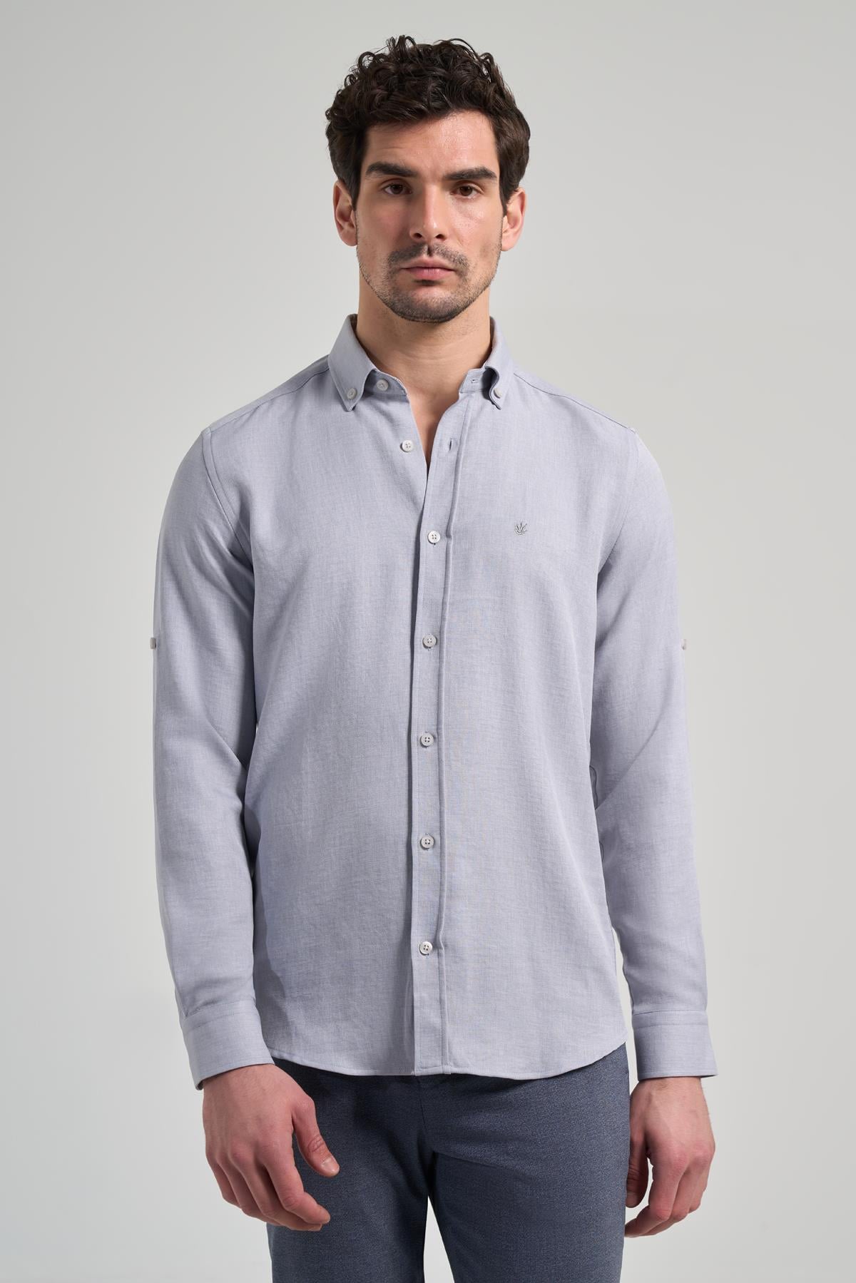 Gri Kısalabilir Kol Düz Gabardin Düğmeli Yaka Cepsiz Casual Slim Fit Gömlek 1004250124