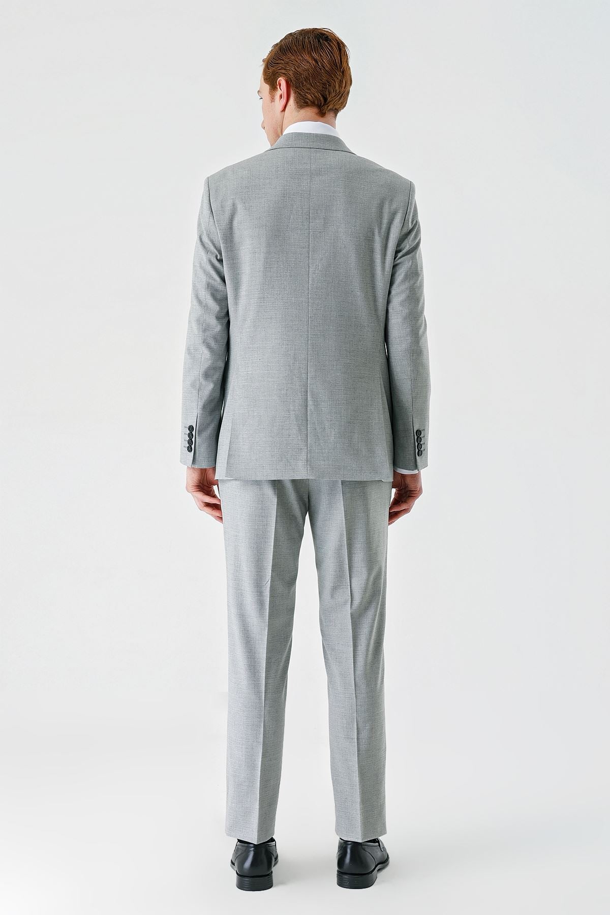 Gri Mono Yaka Çift Yırtmaç 6 Drop Comfort Fit Rahat Kesim Klasik Takım Elbise 1001240102