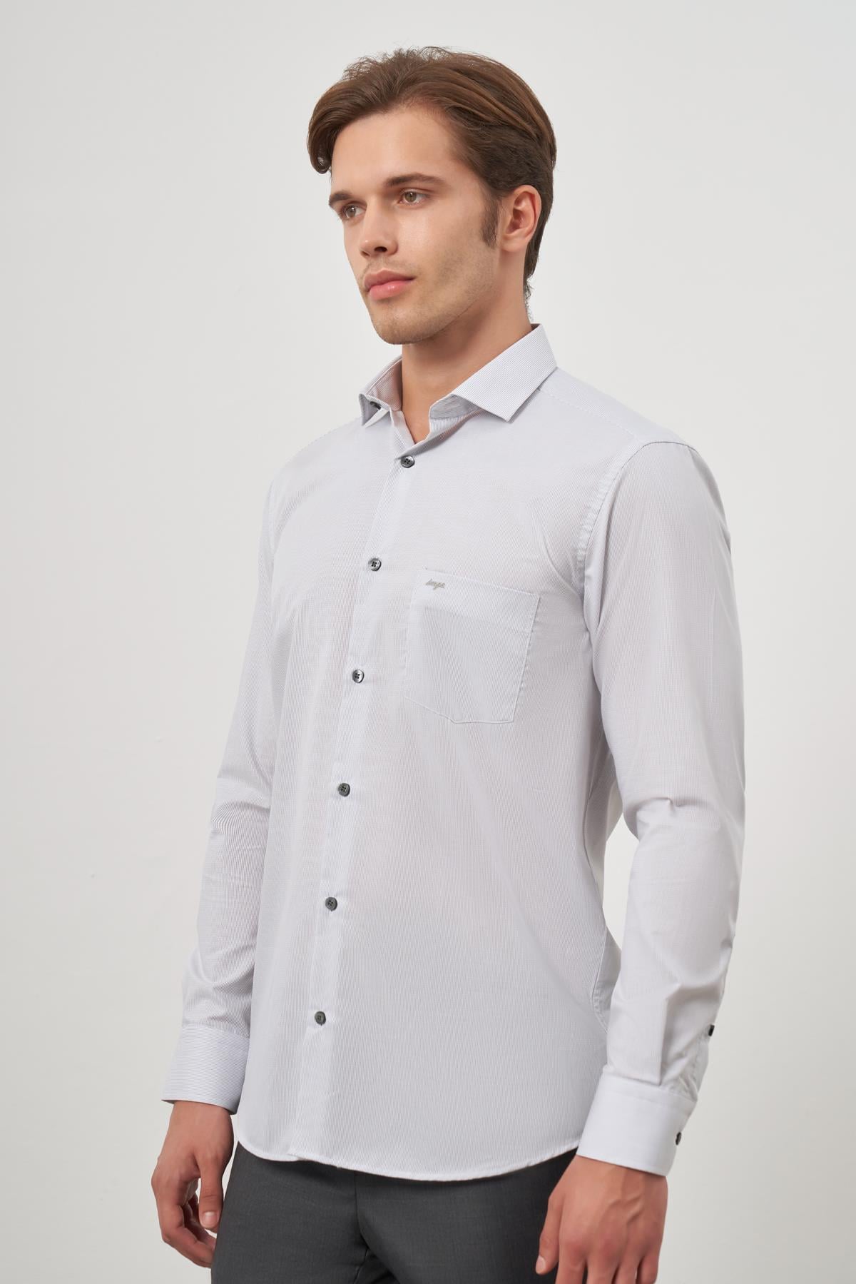 Gri Uzun Kol Desen Yarım İtalyan Cepli Pamuklu Classic Comfort Fit Gömlek 1004245174