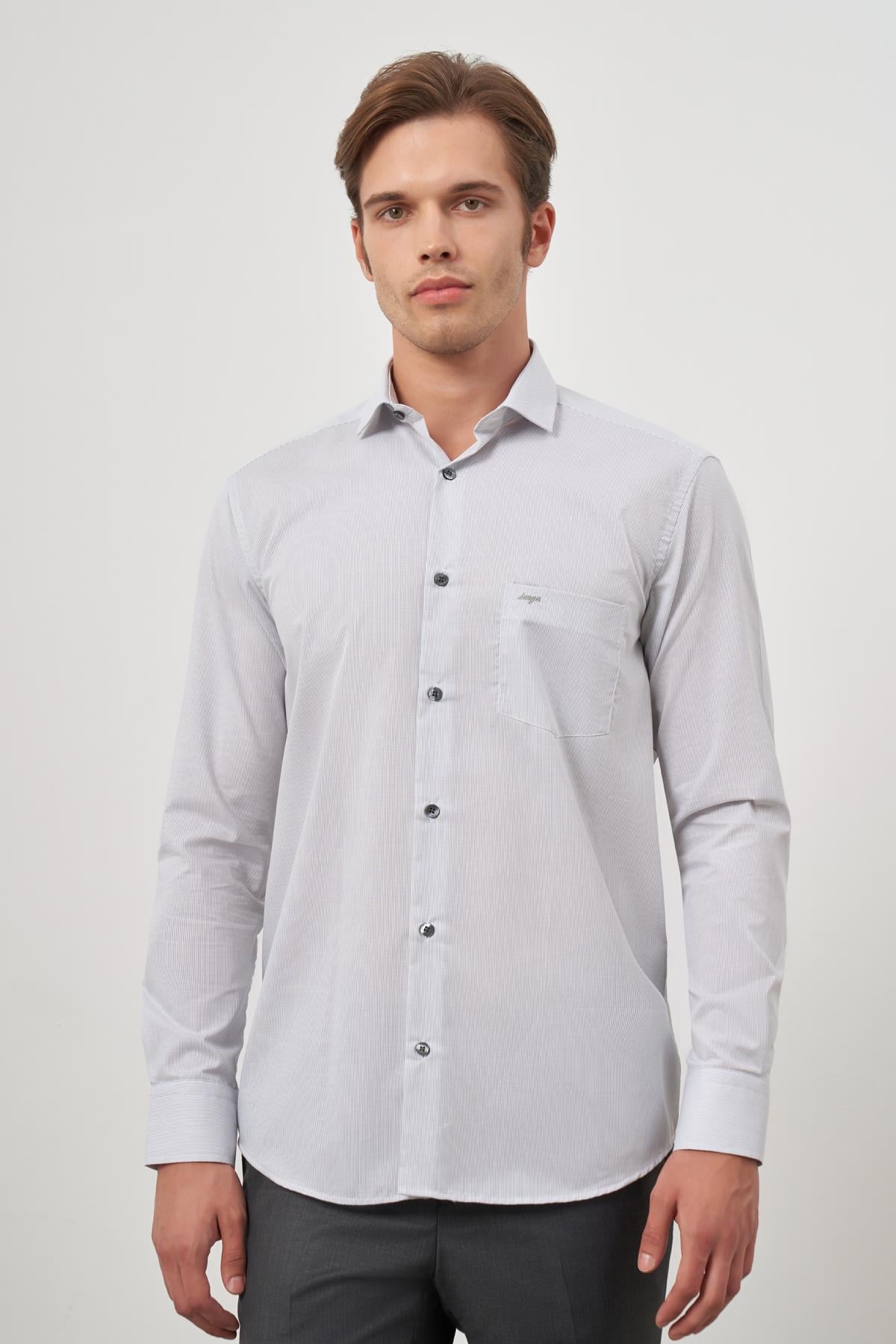 Gri Uzun Kol Desen Yarım İtalyan Cepli Pamuklu Classic Comfort Fit Gömlek 1004245174