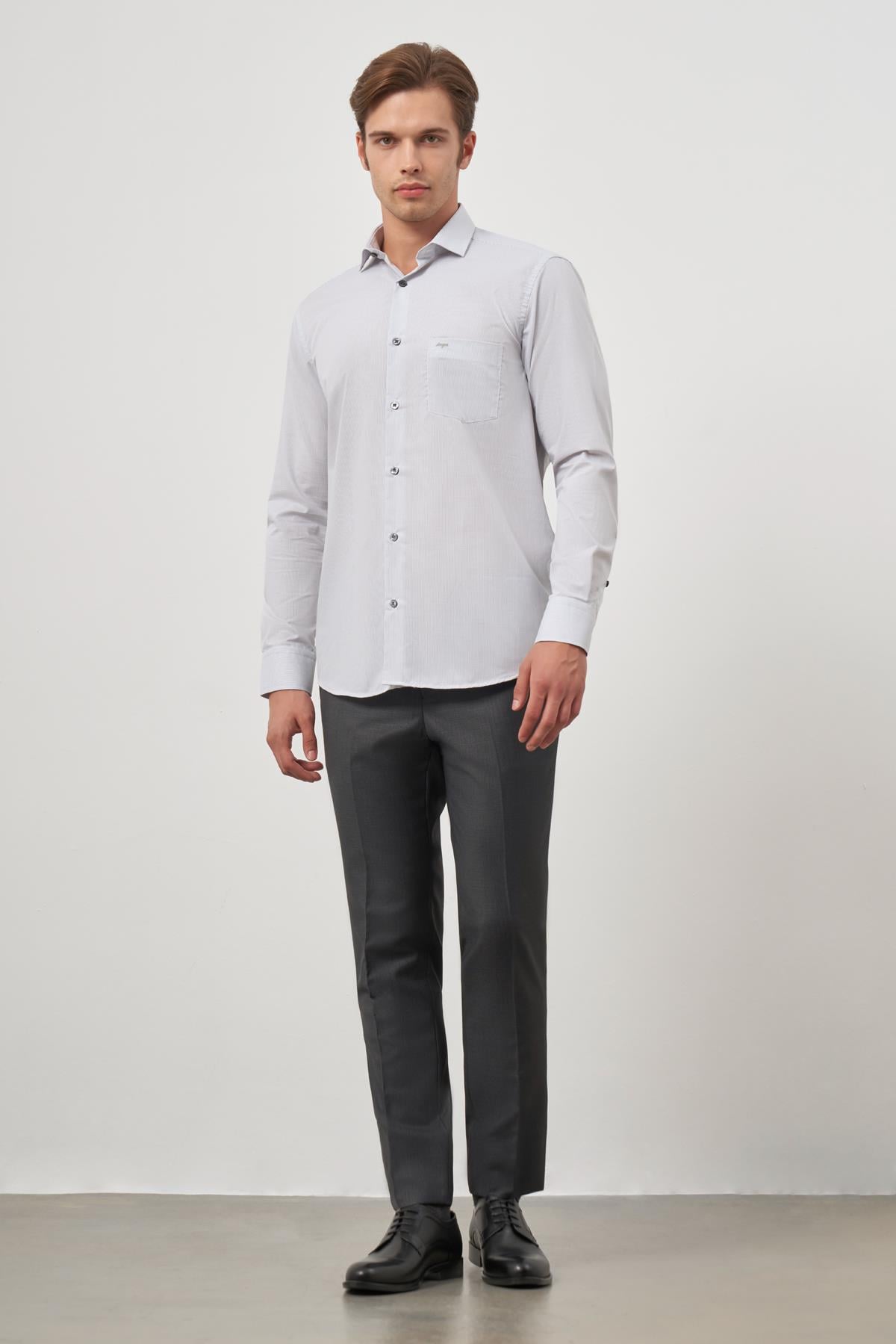 Gri Uzun Kol Desen Yarım İtalyan Cepli Pamuklu Classic Comfort Fit Gömlek 1004245174
