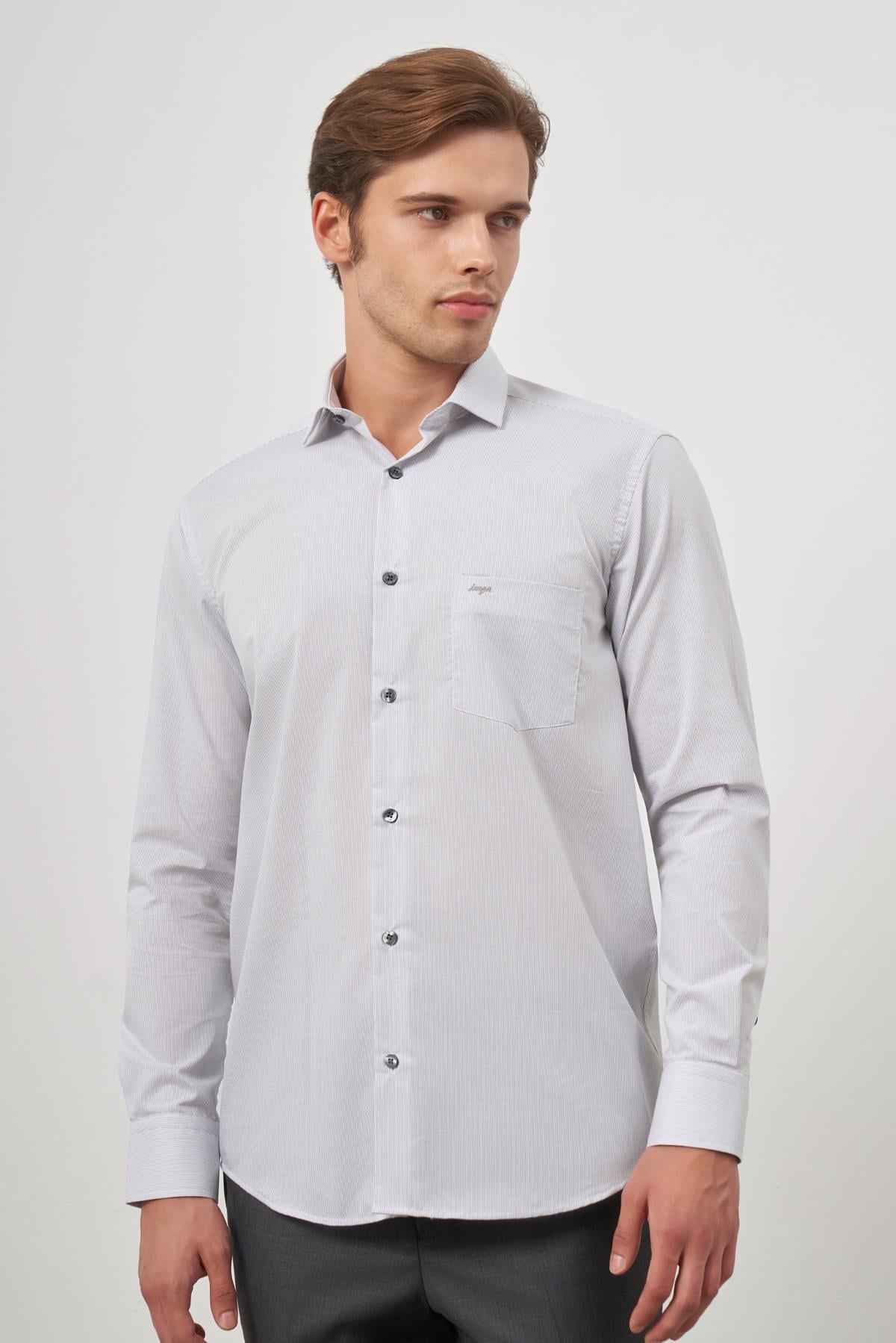 Gri Uzun Kol Desen Yarım İtalyan Cepli Pamuklu Classic Comfort Fit Gömlek 1004245174