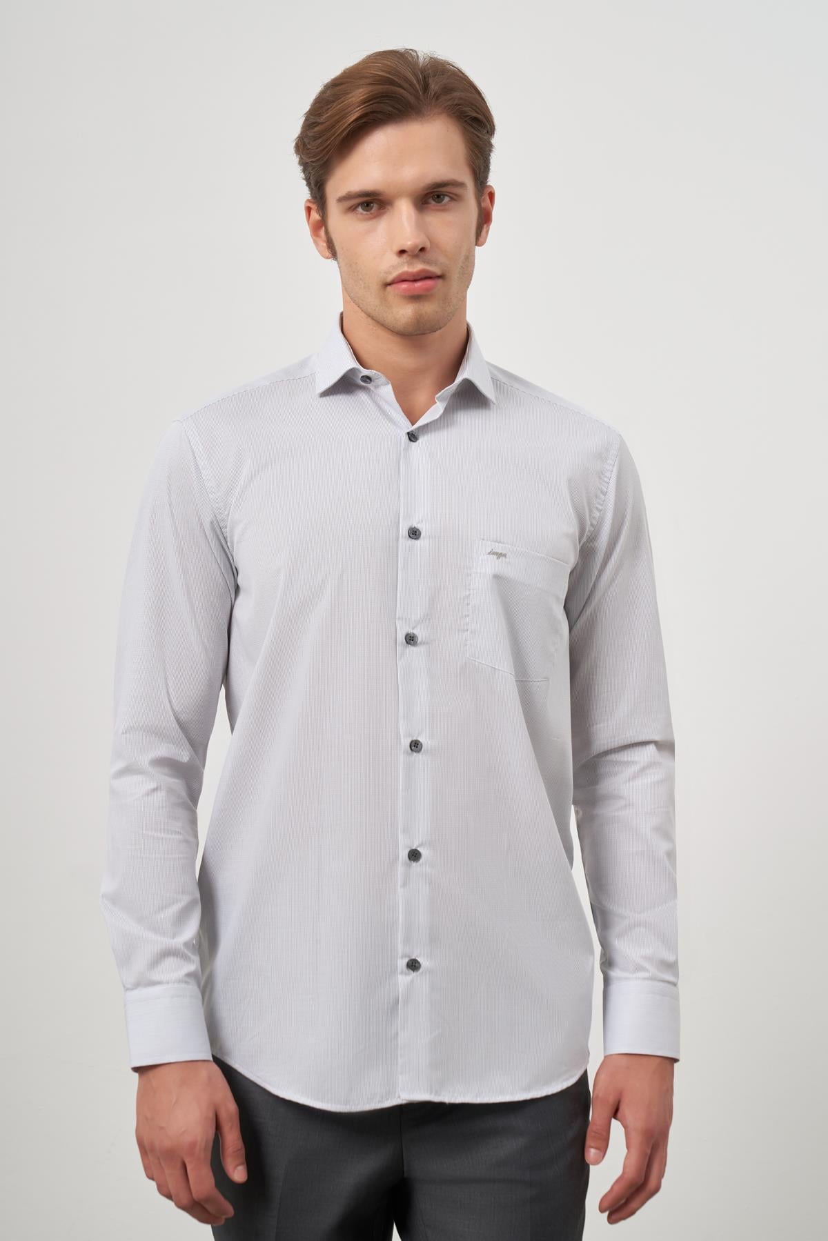 Gri Uzun Kol Desen Yarım İtalyan Cepli Pamuklu Classic Comfort Fit Gömlek 1004245174