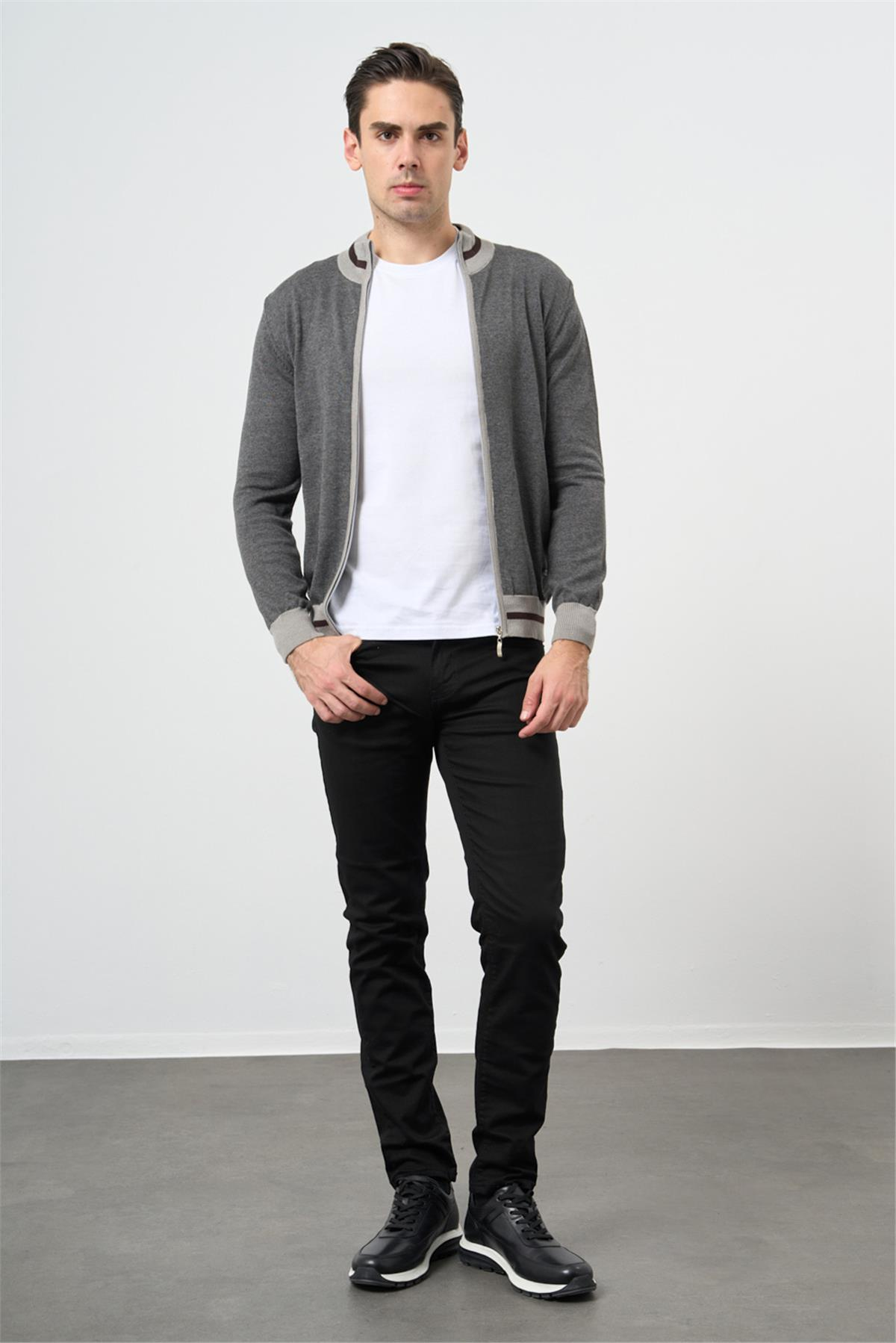 Uzun Kol Düz Örme Dik Yaka Classic Slim Fit Triko Hırka 1012245203