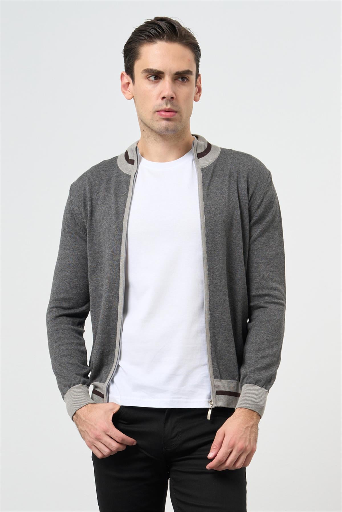 Uzun Kol Düz Örme Dik Yaka Classic Slim Fit Triko Hırka 1012245203
