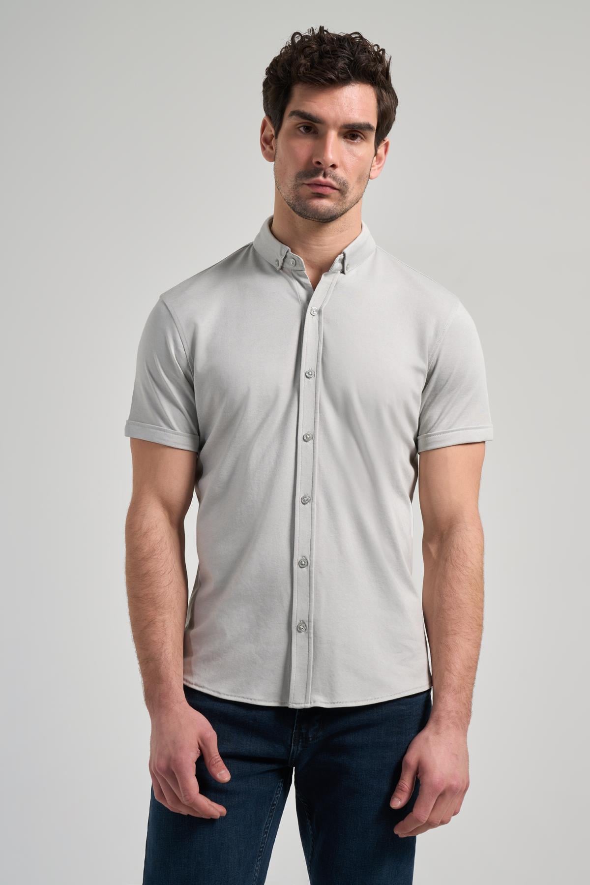 Gri Uzun Kol Düz Örme Düğmeli Yaka Cepsiz Pamuklu Classic Slim Fit Gömlek 1004250152