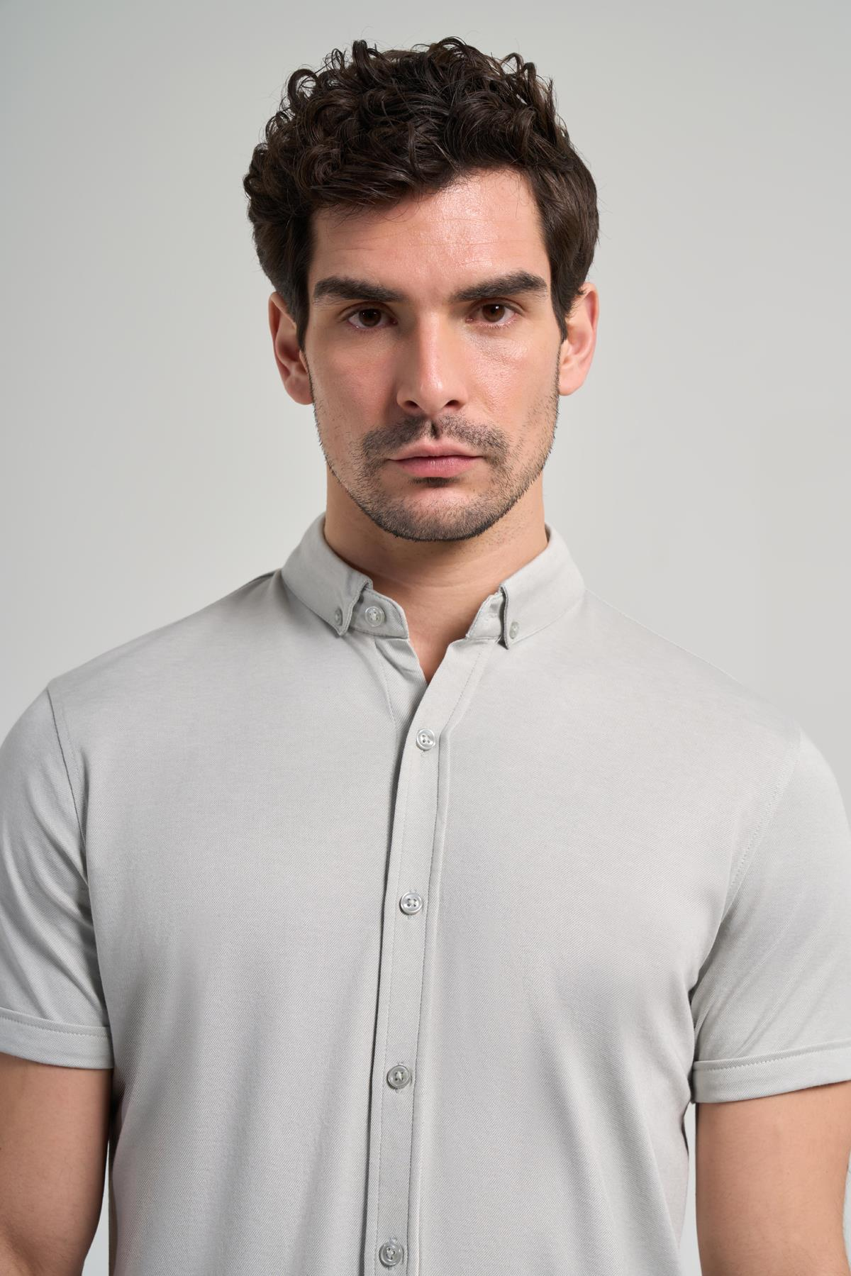 Gri Uzun Kol Düz Örme Düğmeli Yaka Cepsiz Pamuklu Classic Slim Fit Gömlek 1004250152