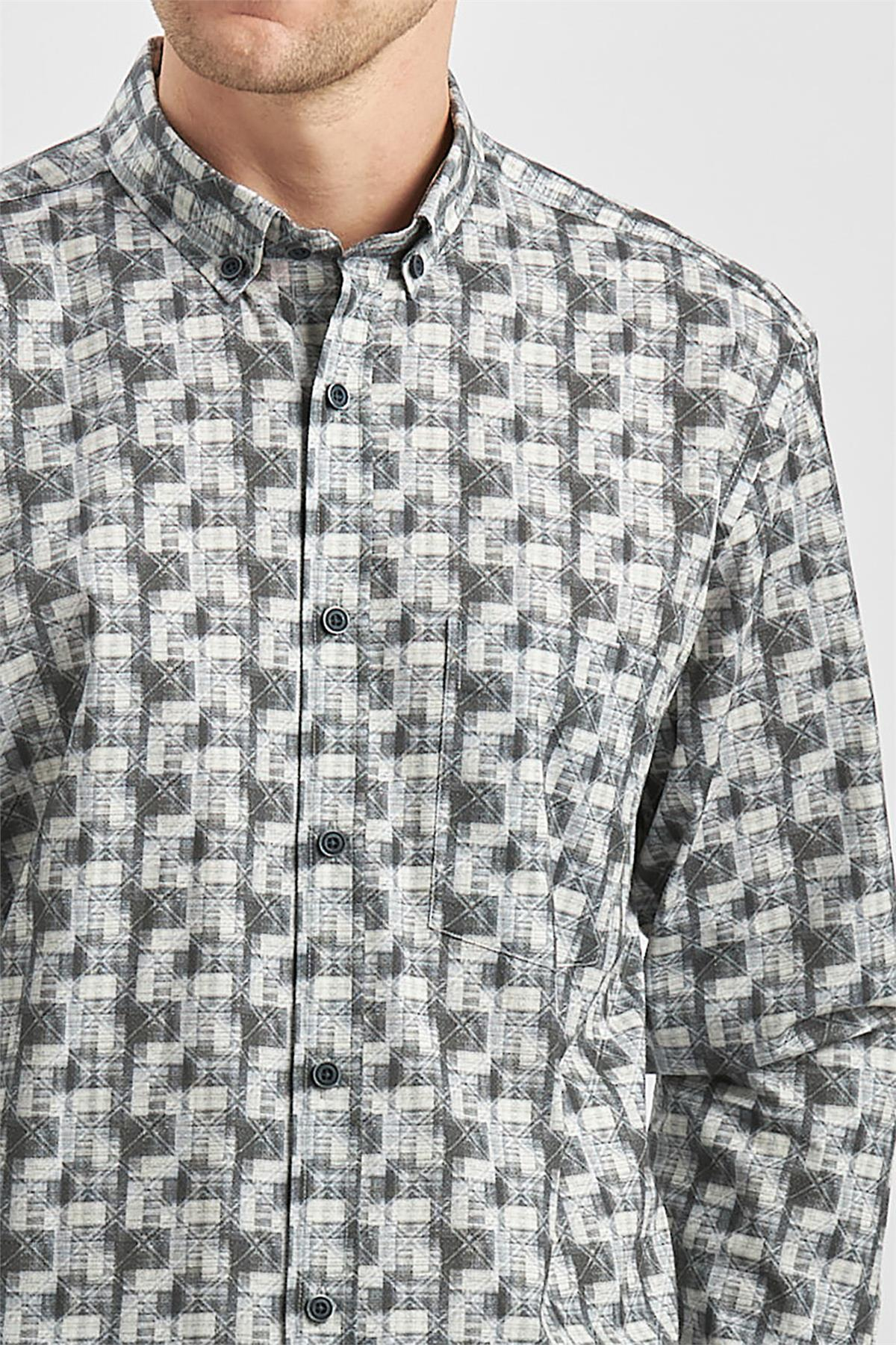 Gri Uzun Kol Kendinden BASKILI Perfectto Classic Comfort Fit Gömlek 1004240251