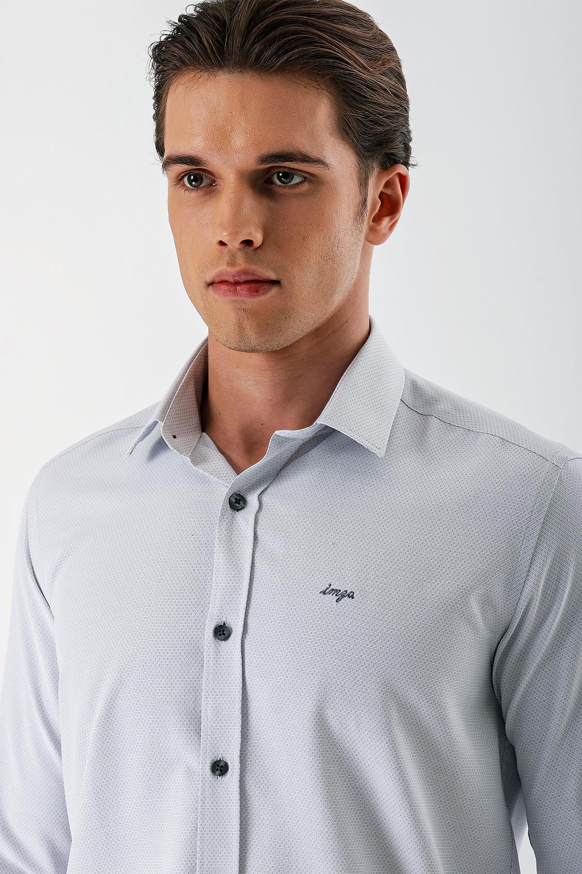 Gri Uzun Kollu Armürlü Cepsiz Pamuklu Slim Fit Gömlek 1004235171