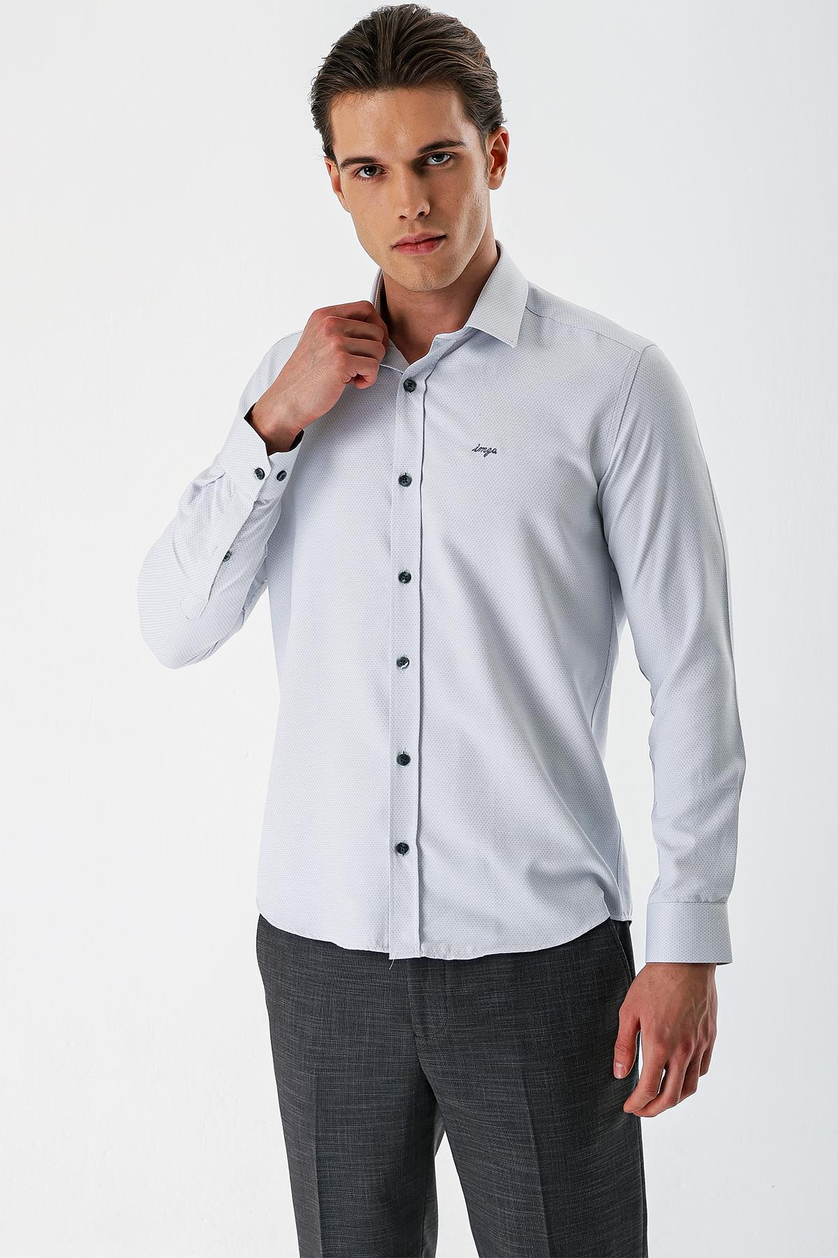 Gri Uzun Kollu Armürlü Cepsiz Pamuklu Slim Fit Gömlek 1004235171