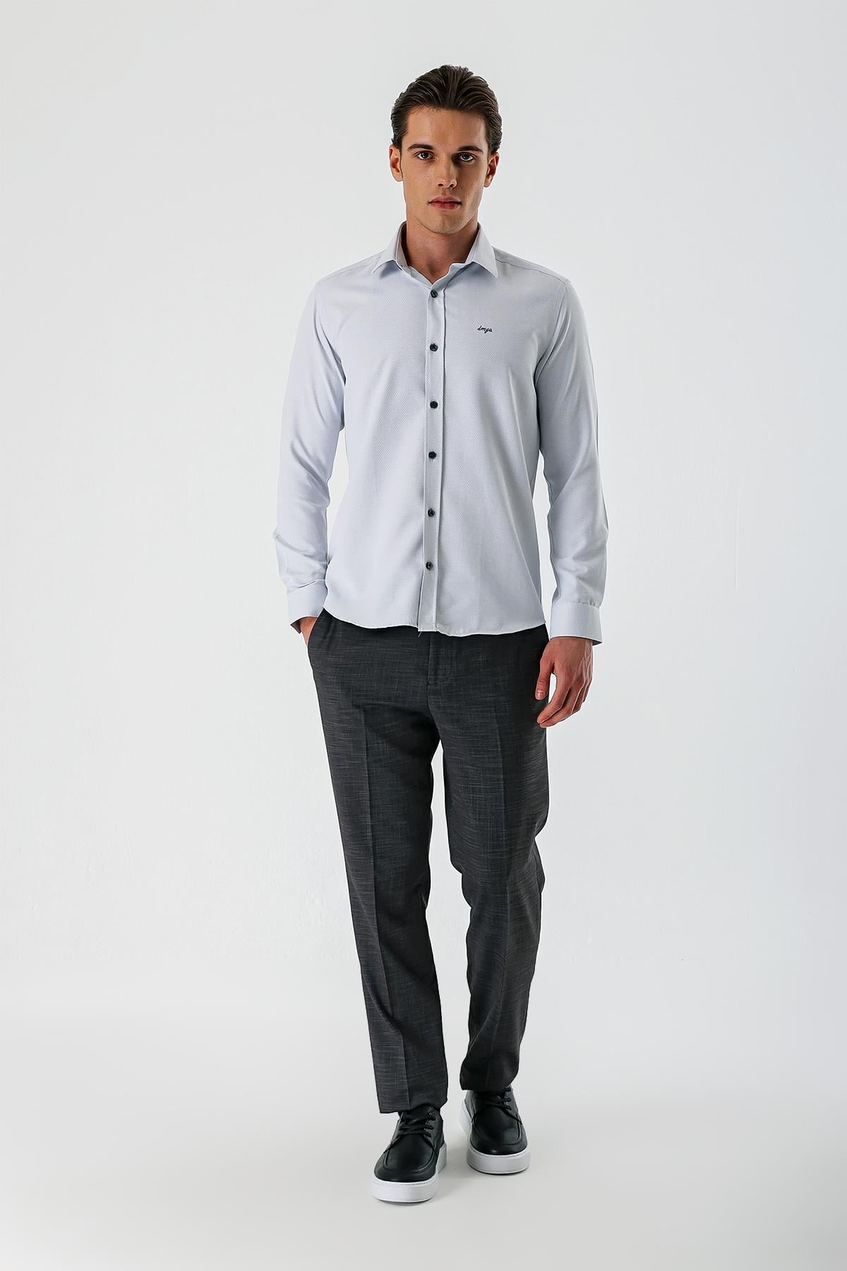 Gri Uzun Kollu Armürlü Cepsiz Pamuklu Slim Fit Gömlek 1004235171