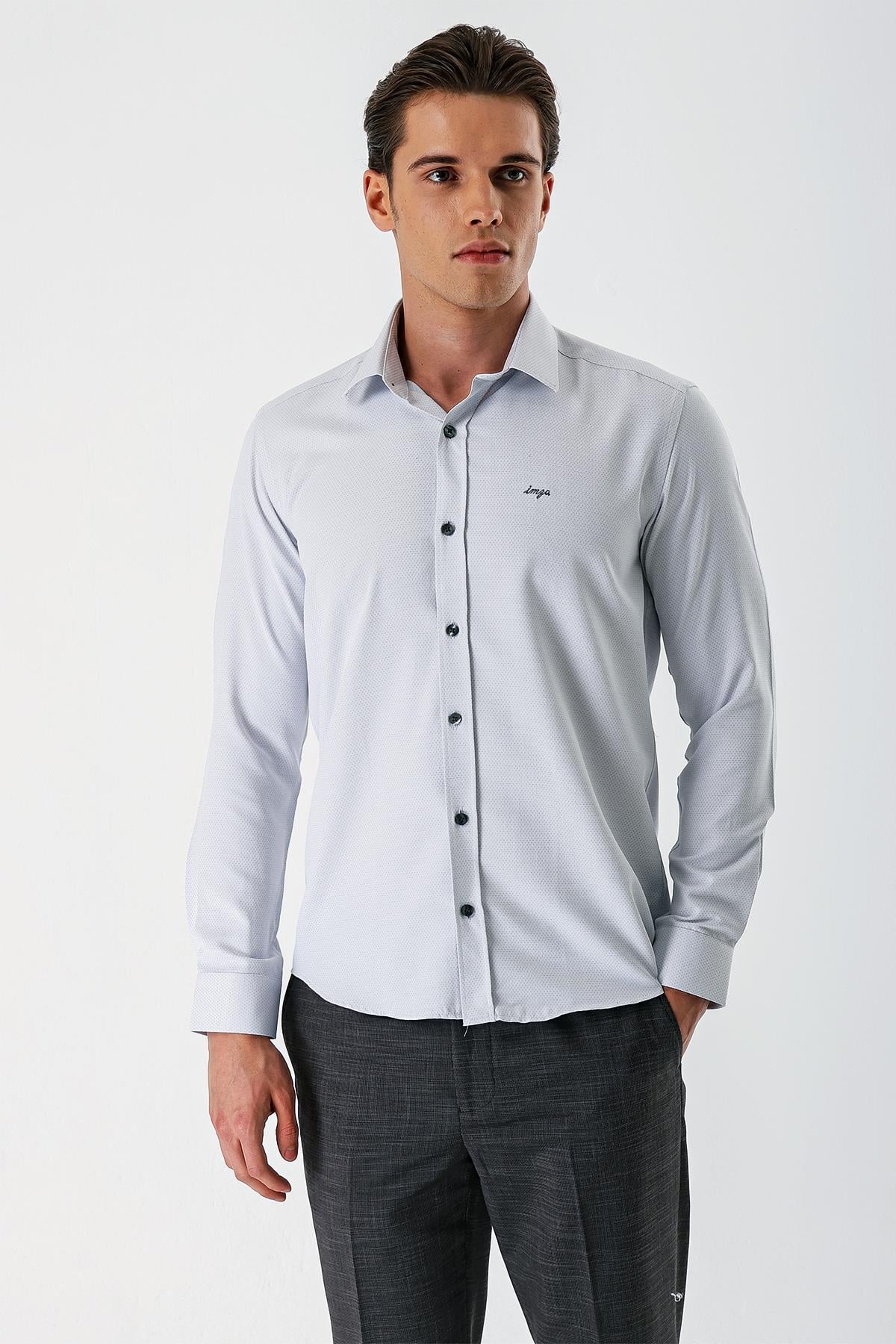 Gri Uzun Kollu Armürlü Cepsiz Pamuklu Slim Fit Gömlek 1004235171