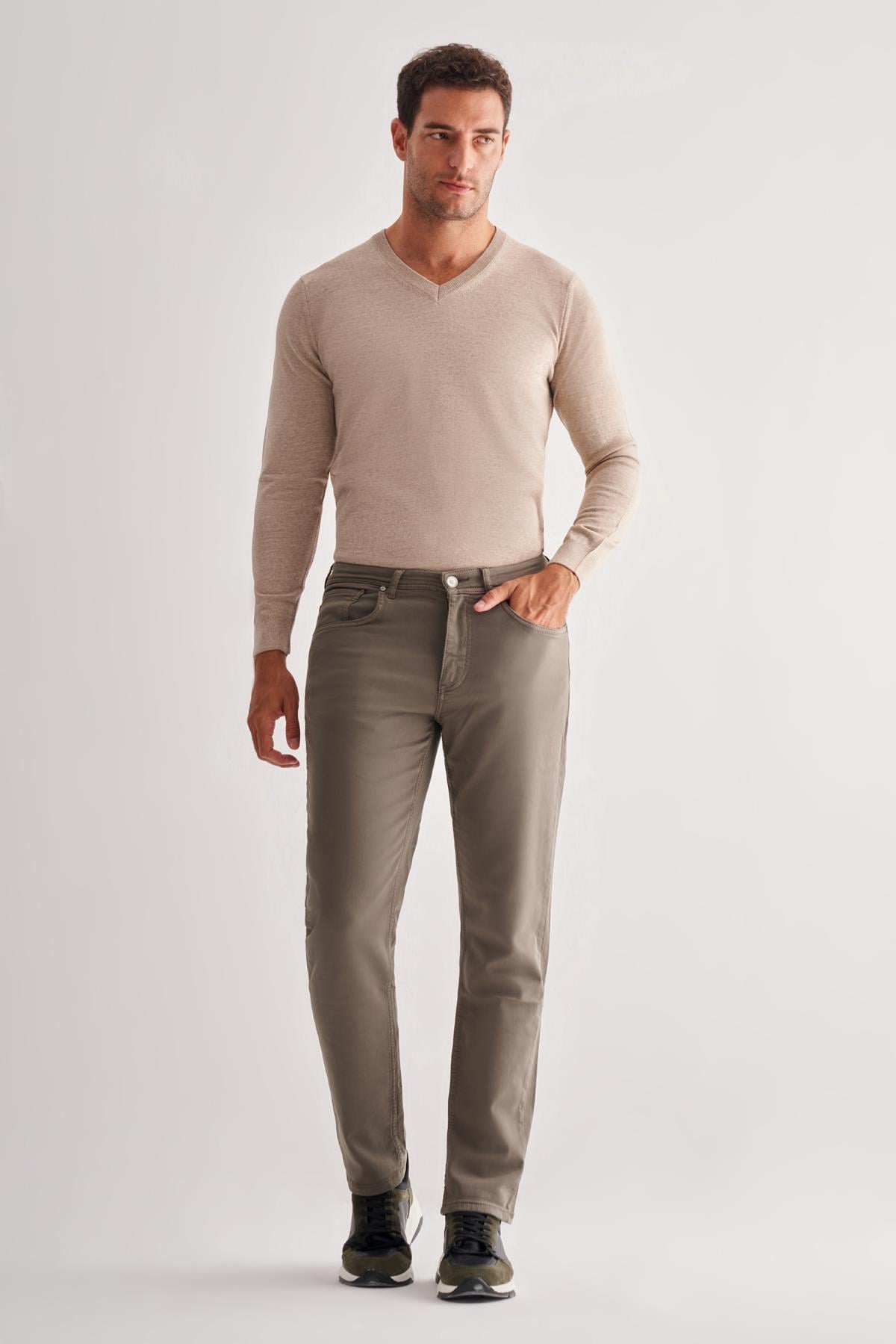 Haki 5 Cep  Düz Paça Pamuklu Slim Fit 5 Cep Casual Pantolon 1003255322