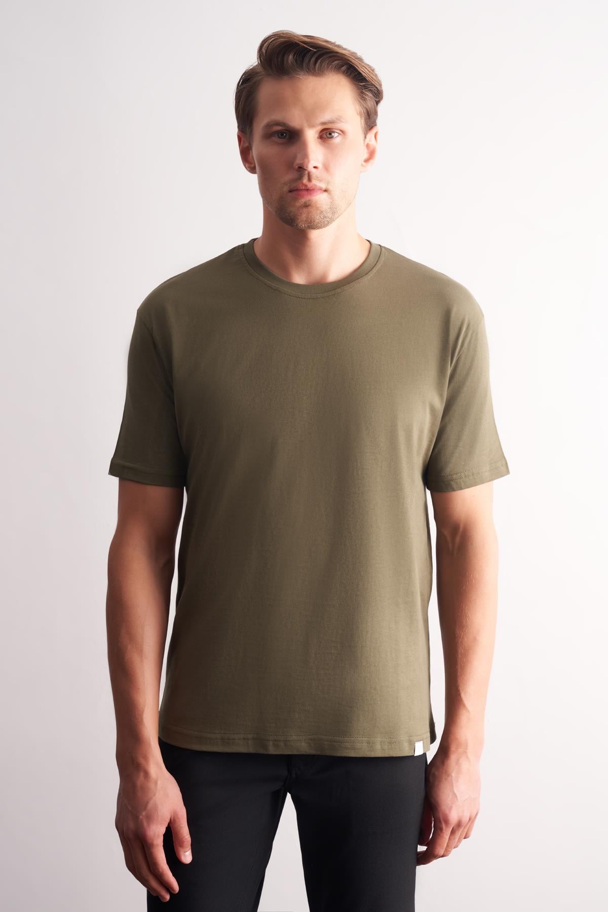 Haki Bisiklet Yaka Kısa Kol Slim Fit Pamuklu Tişört 1011255106