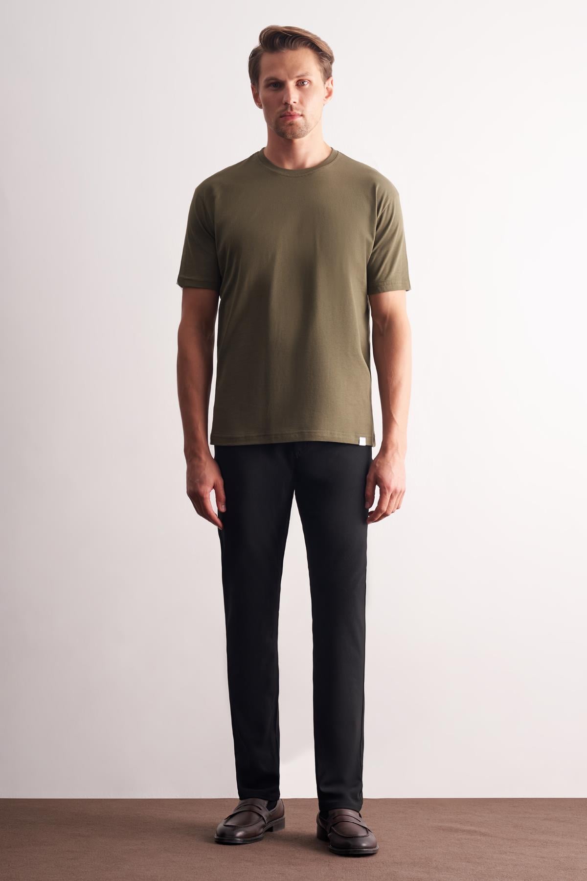 Haki Bisiklet Yaka Kısa Kol Slim Fit Pamuklu Tişört 1011255106