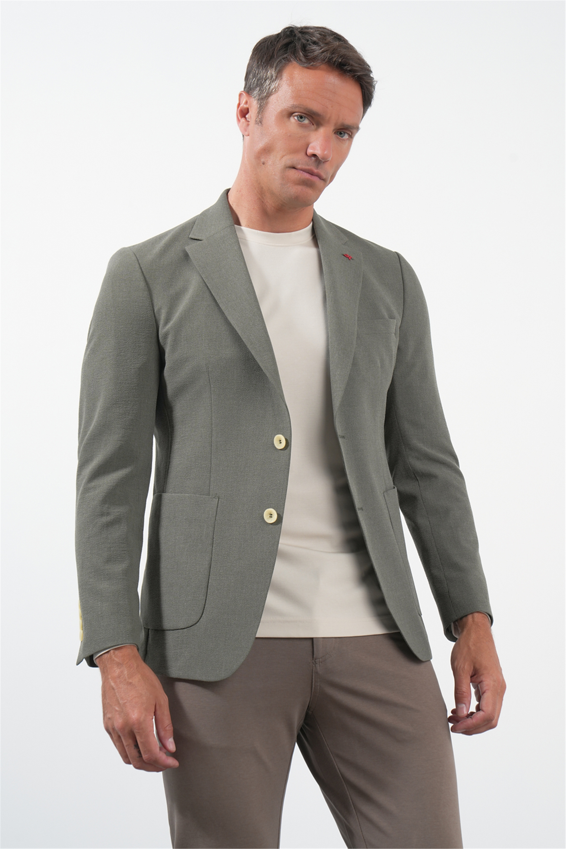 Haki Mono Yaka Gofreli 6 Drop Slim Fit Esnek Ceket 1002260151