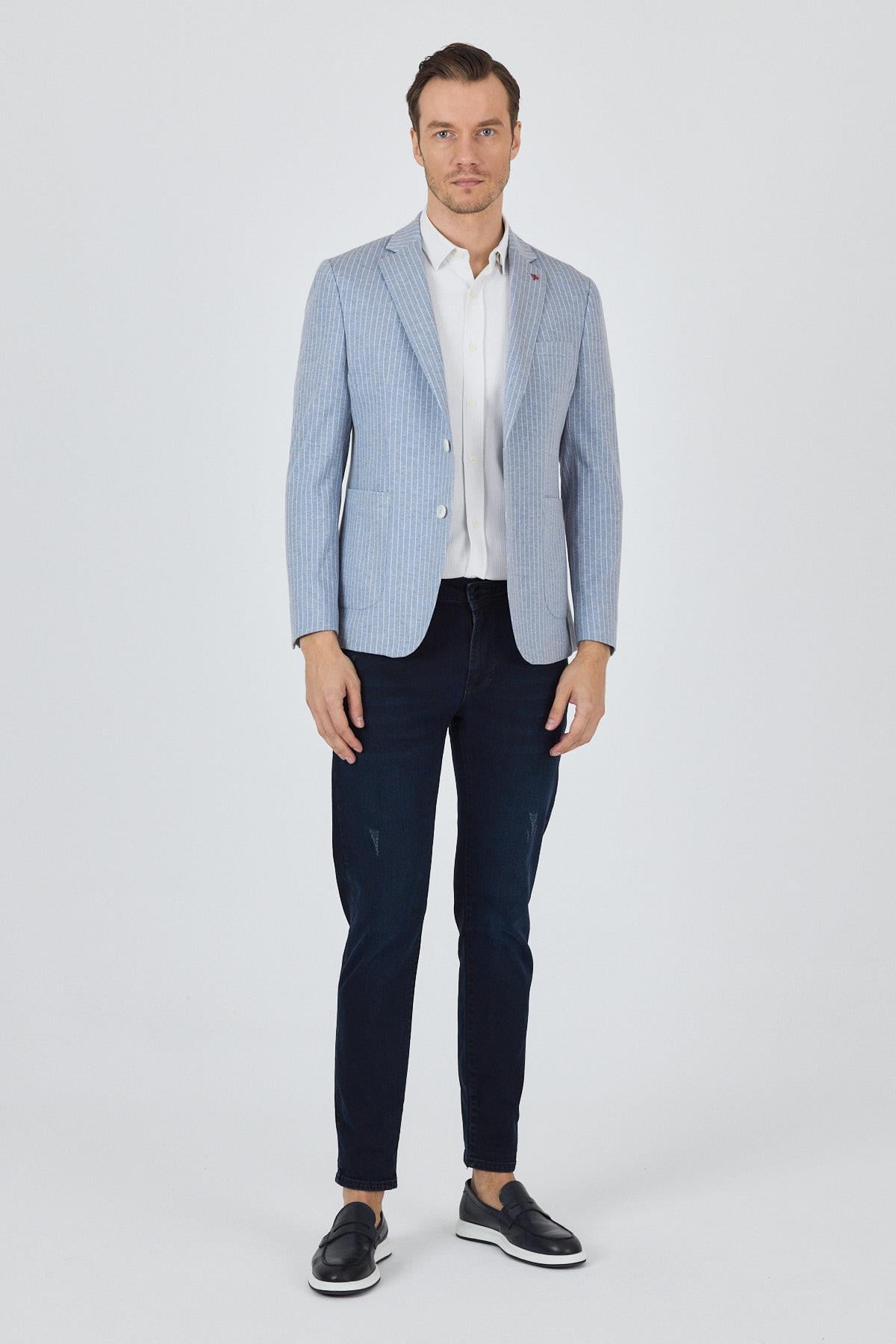 Çizgili Desen Örme Kılıç Yaka Pamuklu 6 Drop Slim Fit Casual Ceket 1002250111