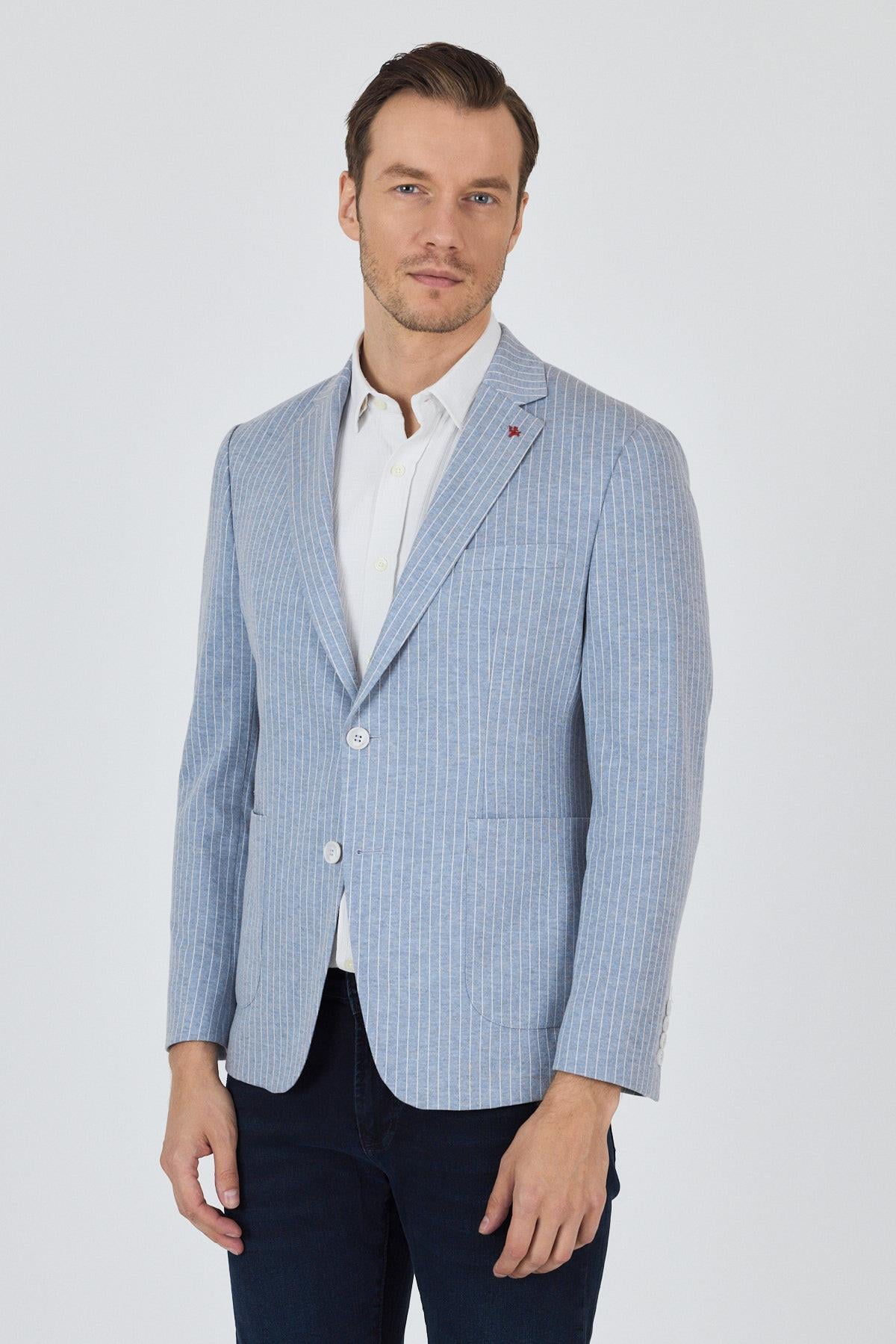 Çizgili Desen Örme Kılıç Yaka Pamuklu 6 Drop Slim Fit Casual Ceket 1002250111
