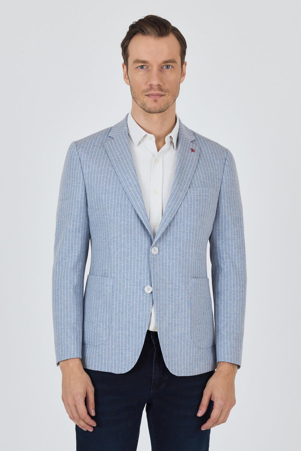 Çizgili Desen Örme Kılıç Yaka Pamuklu 6 Drop Slim Fit Casual Ceket 1002250111
