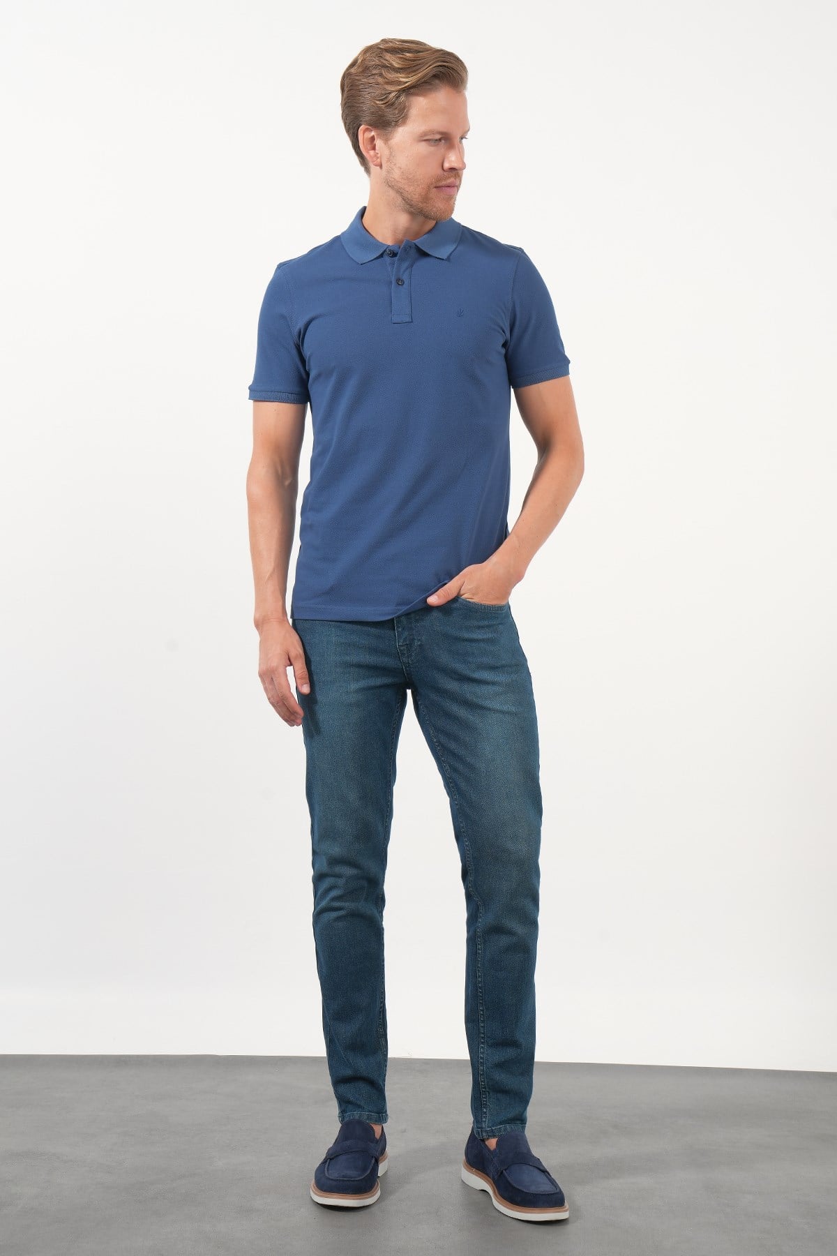 İndigo Polo Yaka Pike Kısa Kol Slim Fit Pamuklu Tişört 1011260169