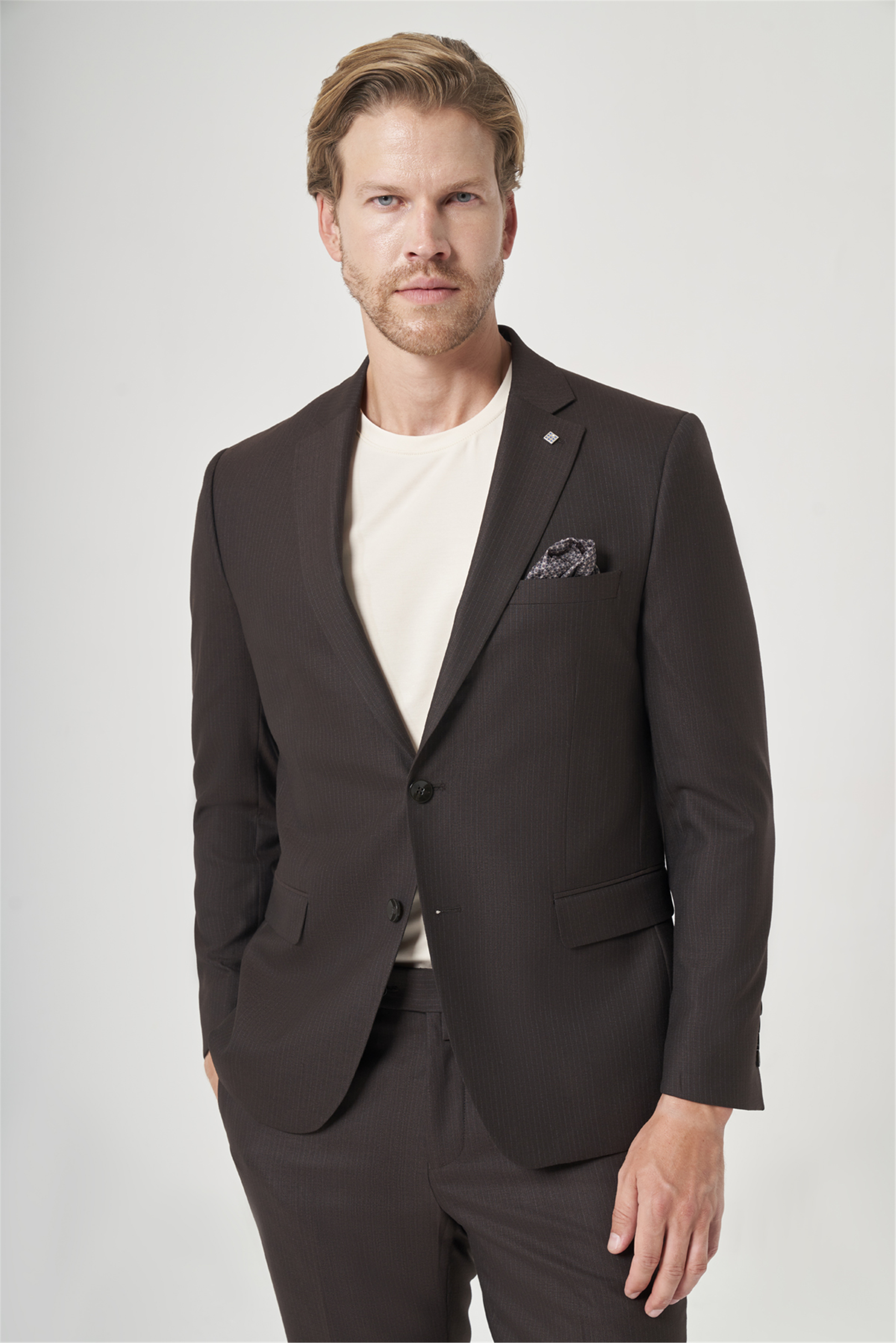 Kahverengi-Antrasit Mono Yaka Çizgili 6 Drop Slim Fit Tam Astar Esnek Takım Elbise 1001260901