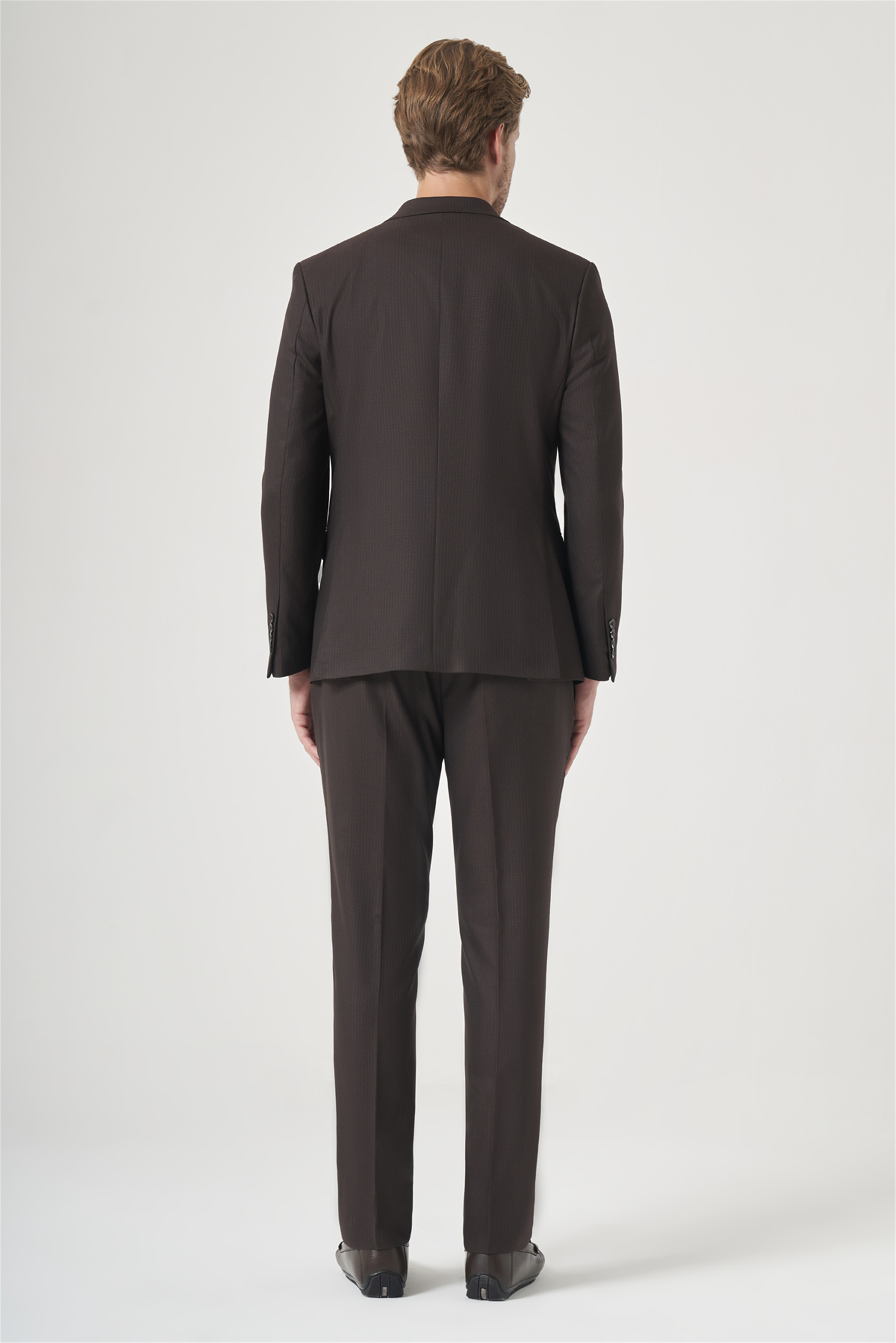 Kahverengi-Antrasit Mono Yaka Çizgili 6 Drop Slim Fit Tam Astar Esnek Takım Elbise 1001260901