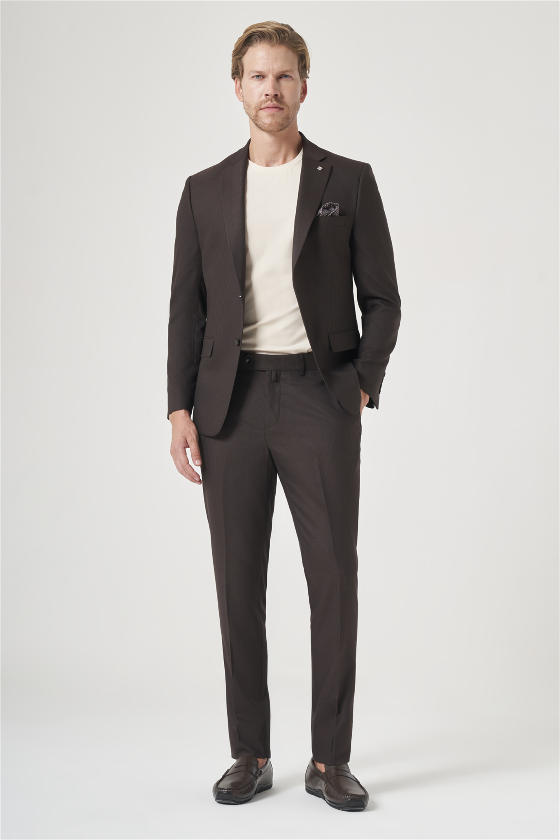 Kahverengi-Antrasit Mono Yaka Çizgili 6 Drop Slim Fit Tam Astar Esnek Takım Elbise 1001260901