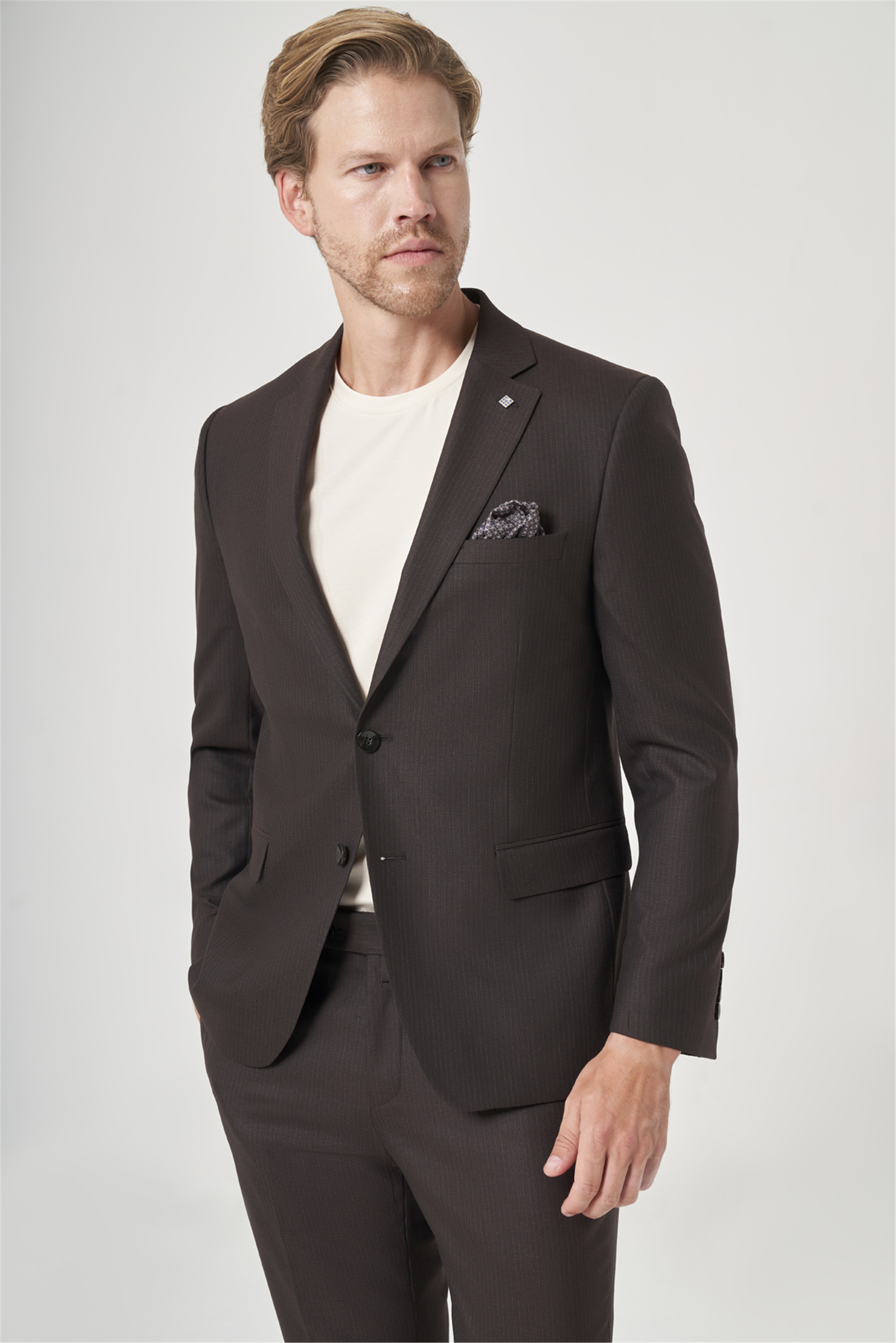 Kahverengi-Antrasit Mono Yaka Çizgili 6 Drop Slim Fit Tam Astar Esnek Takım Elbise 1001260901