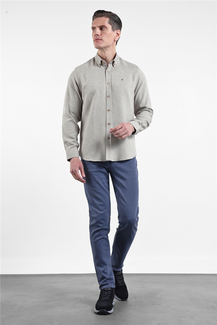 Kahverengi-Beyaz Düğmeli Yaka Uzun Kol Cepsiz Slim Fit Pamuklu Gömlek 1004260164
