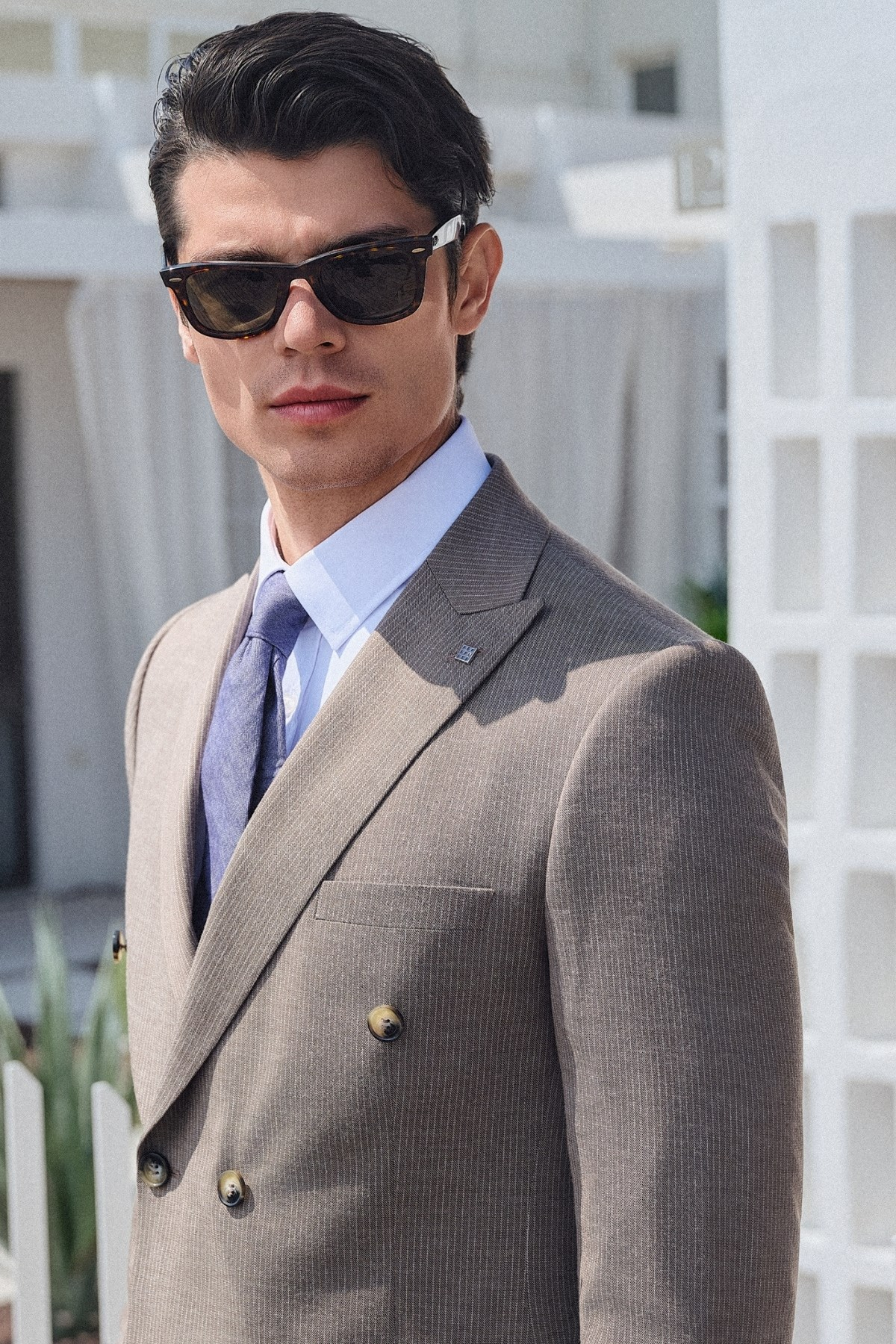 Kahverengi-Beyaz Kırlangıç Yaka Kruvaze 6 Drop Slim Fit Tam Astar Esnek Takım Elbise 1001260171