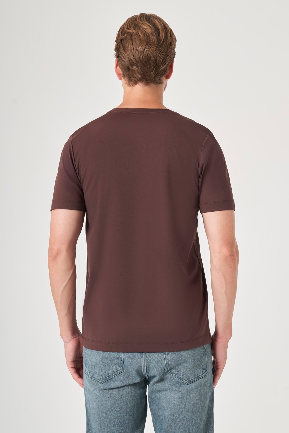 Kahverengi Bisiklet Yaka Kısa Kol Örme Slim Fit Esnek Basic Tişört 1011260184