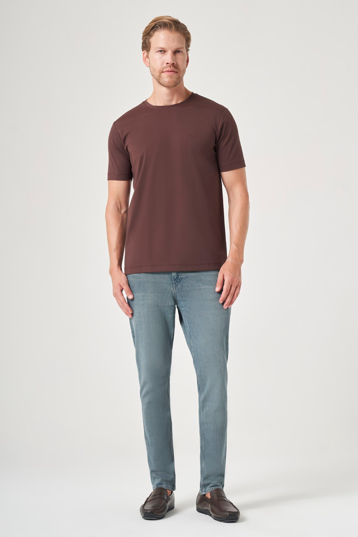 Kahverengi Bisiklet Yaka Kısa Kol Örme Slim Fit Esnek Basic Tişört 1011260184