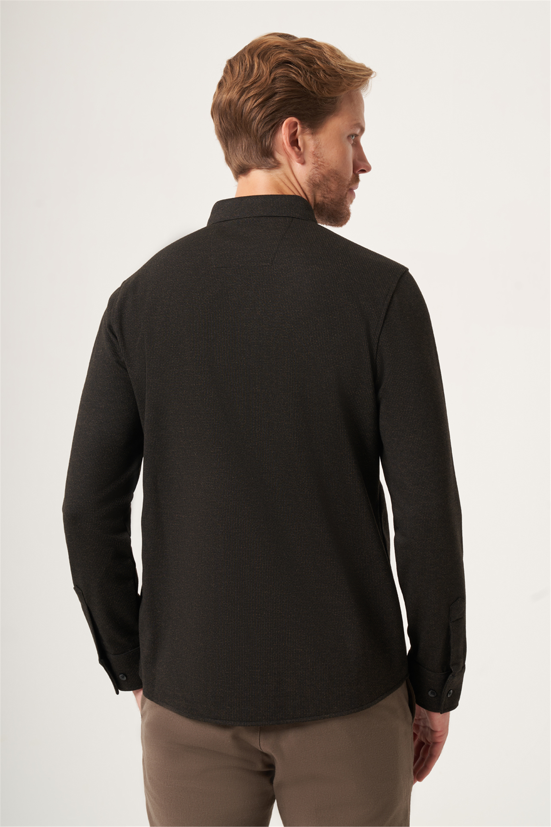 Kahverengi Düğmeli Yaka Dokulu Örme Slim Fit Esnek Gömlek 1004265171