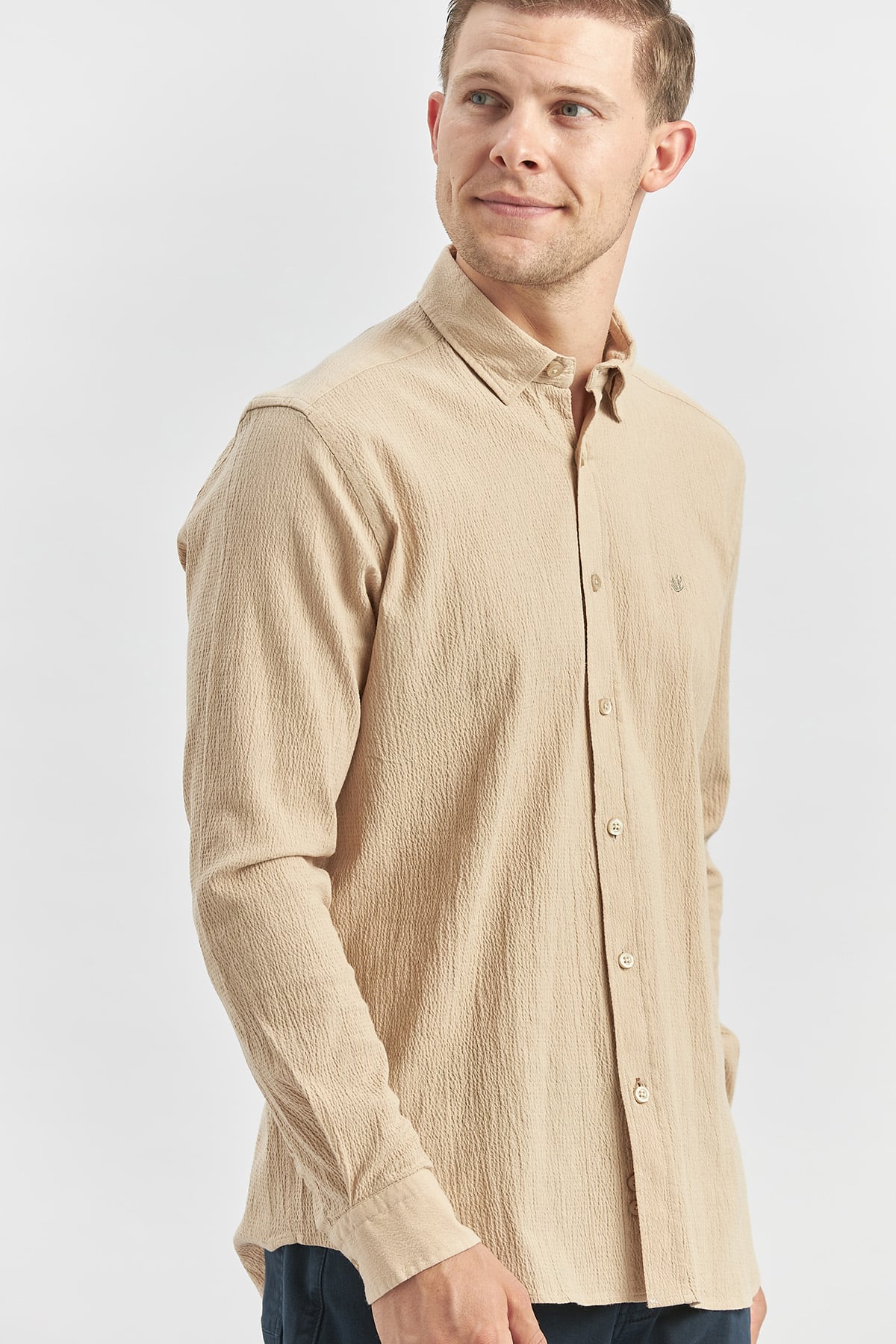 Turuncu Uzun Kollu Gofreli Biyeli %100 Pamuk Casual Slim Fit Dar Kesim Gömlek 1004240247