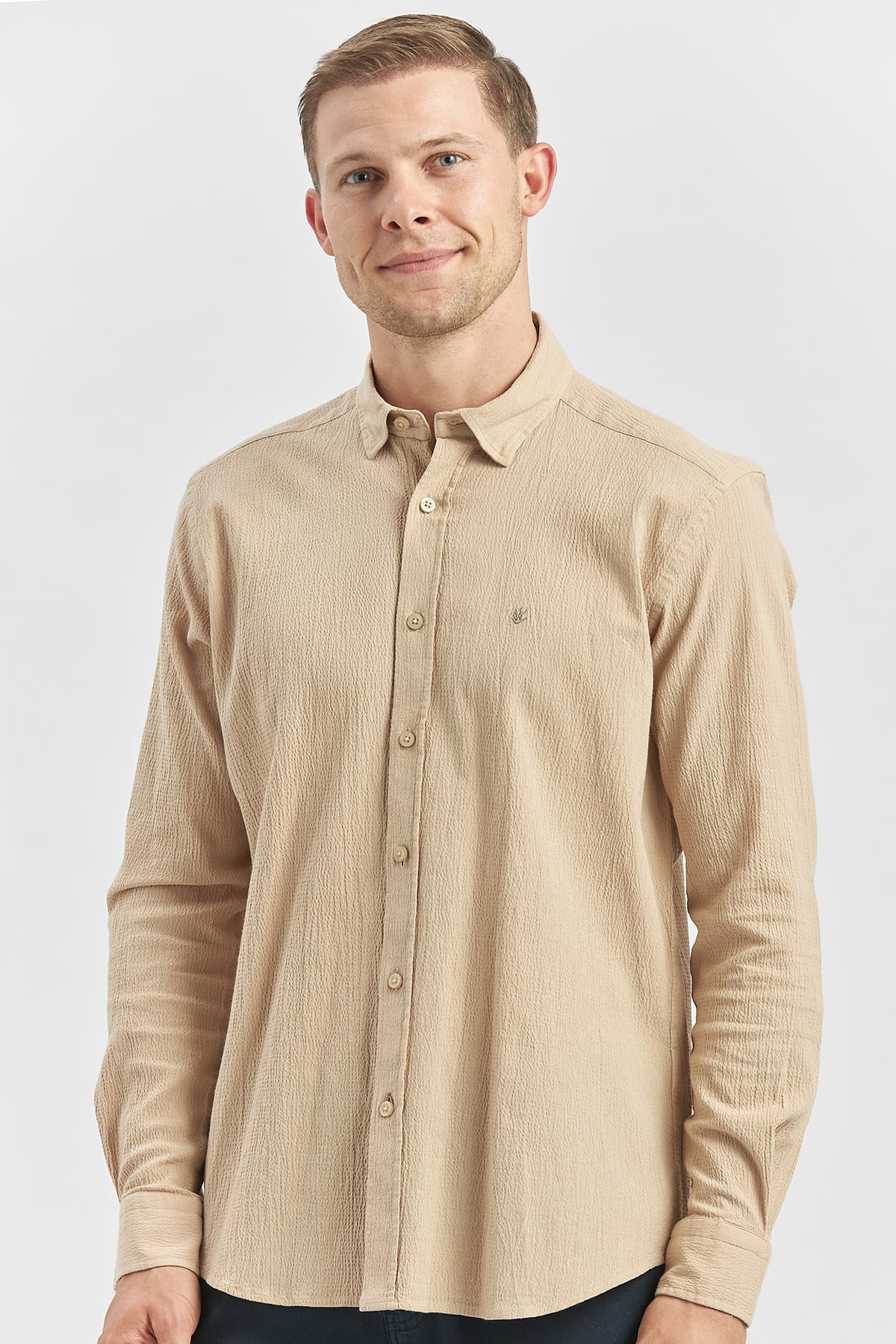 Turuncu Uzun Kollu Gofreli Biyeli %100 Pamuk Casual Slim Fit Dar Kesim Gömlek 1004240247