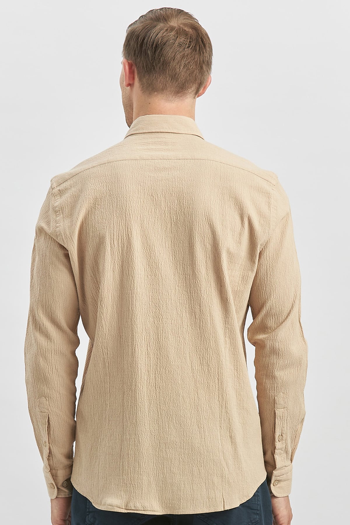Turuncu Uzun Kollu Gofreli Biyeli %100 Pamuk Casual Slim Fit Dar Kesim Gömlek 1004240247