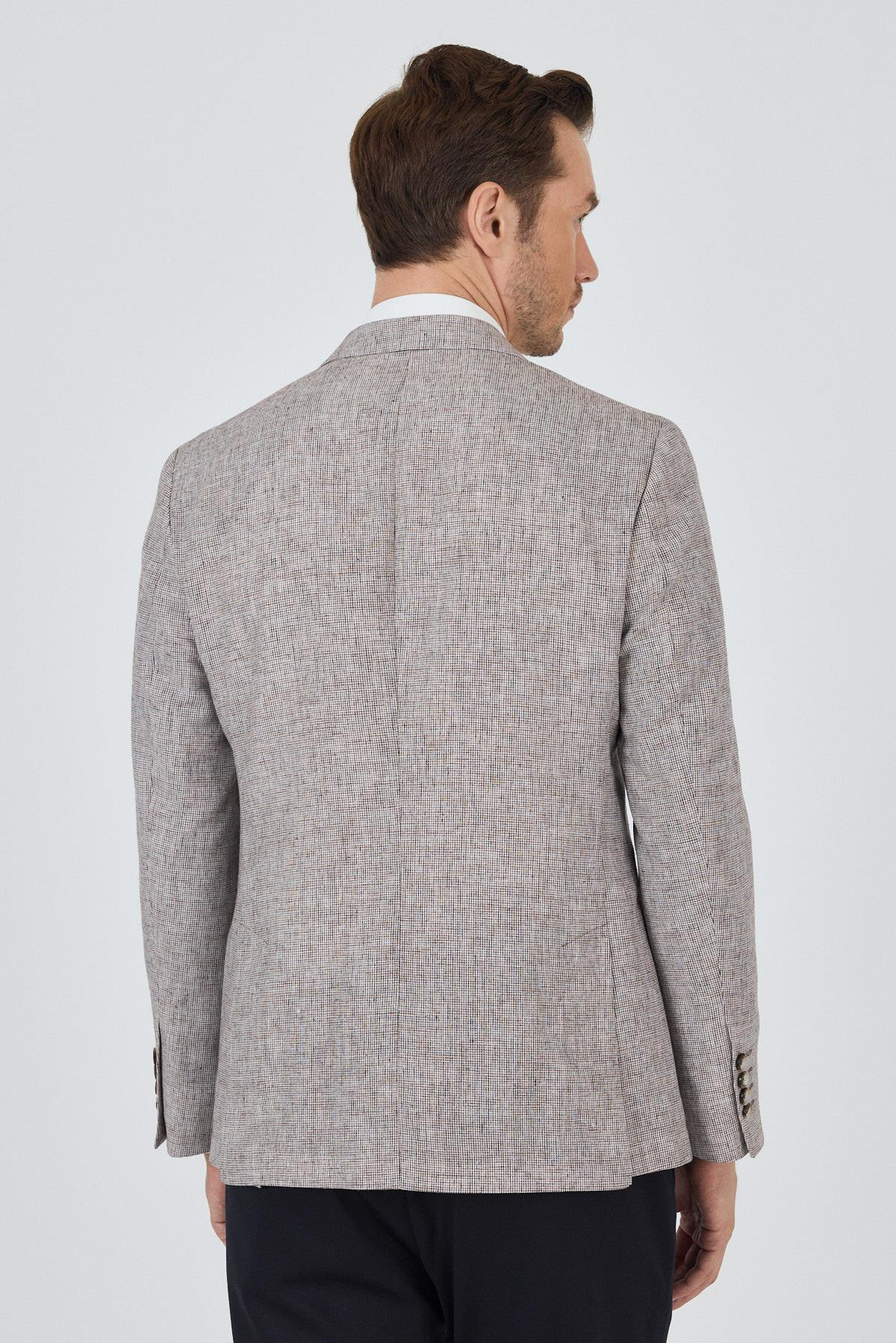 Bej Desen Bez Ayağı Mono Yaka Yarım Astar Keten Karışımlı 6 Drop Slim Fit Ceket 1002250102