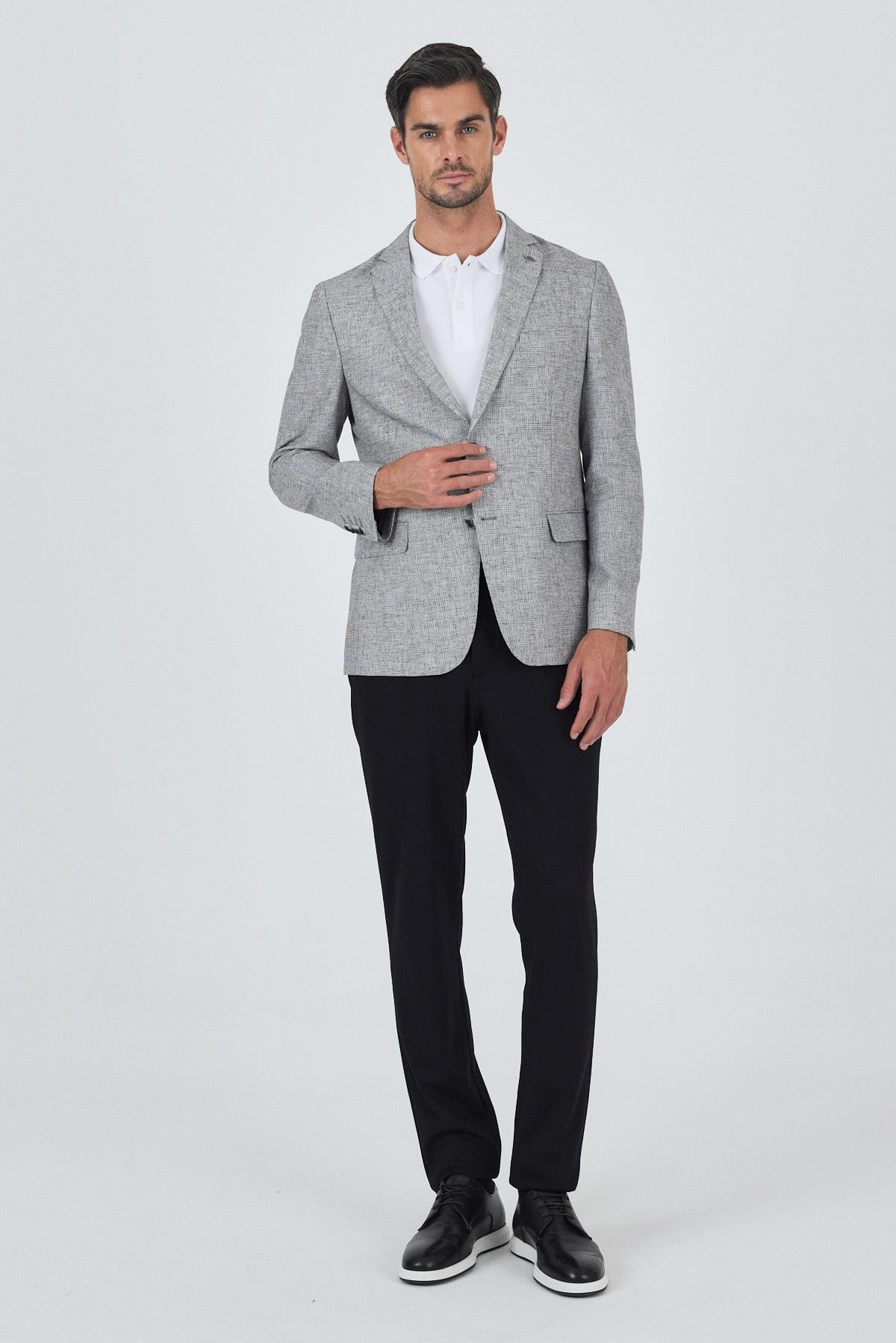 Siyah Desen Bez Ayağı Mono Yaka Yarım Astar Keten Karışımlı 6 Drop Slim Fit Ceket 1002250102