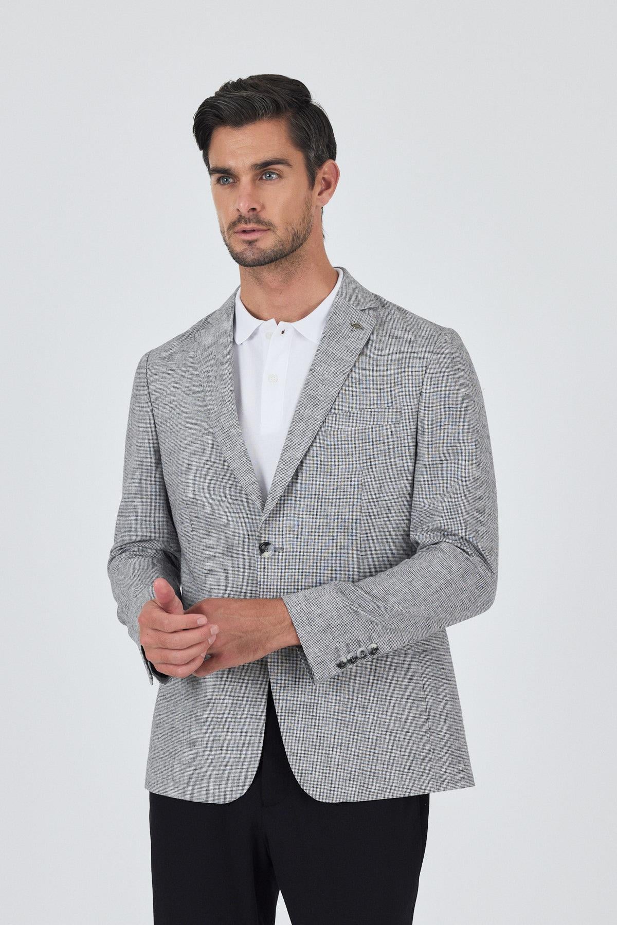 Siyah Desen Bez Ayağı Mono Yaka Yarım Astar Keten Karışımlı 6 Drop Slim Fit Ceket 1002250102