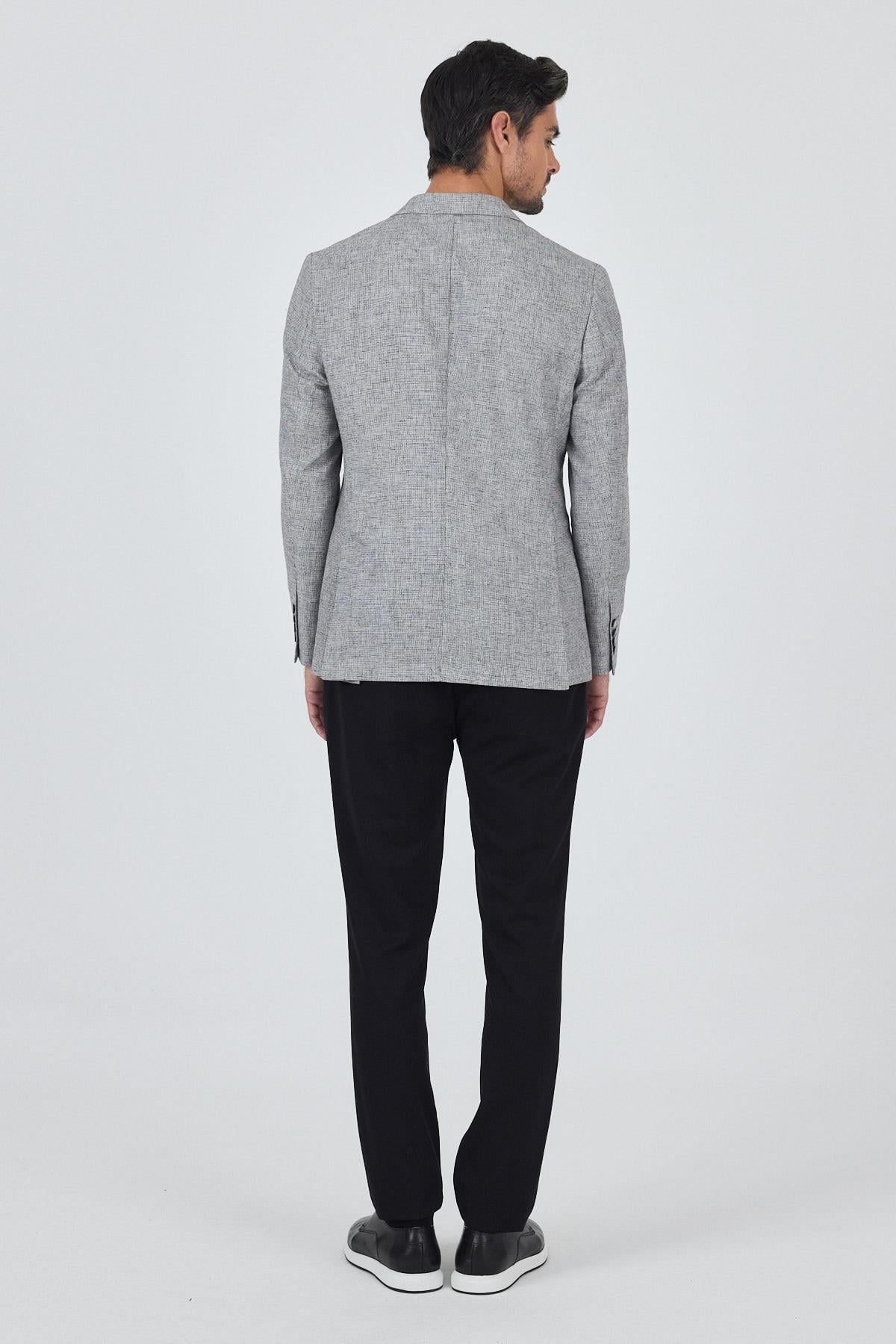 Siyah Desen Bez Ayağı Mono Yaka Yarım Astar Keten Karışımlı 6 Drop Slim Fit Ceket 1002250102
