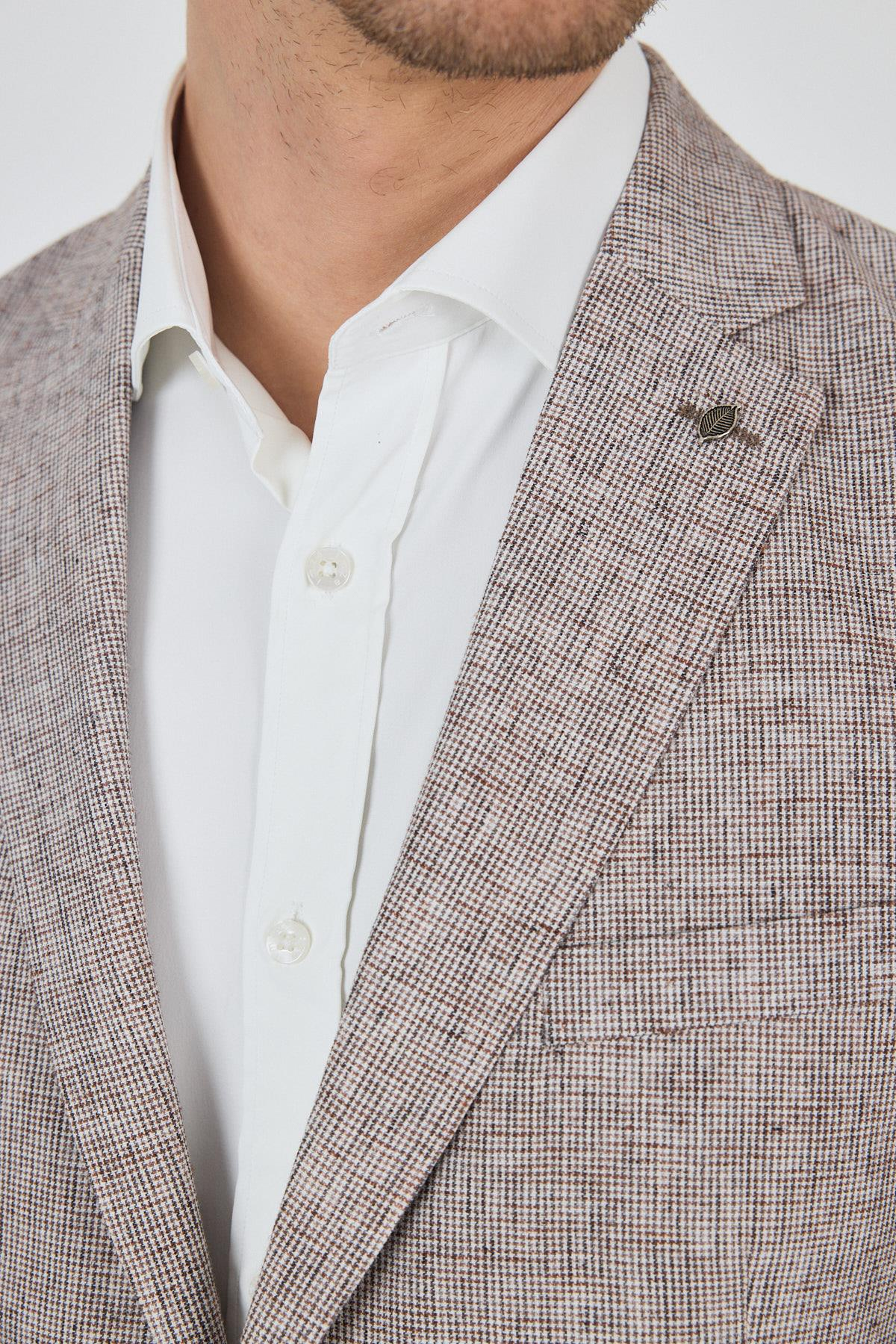 Bej Desen Bez Ayağı Mono Yaka Yarım Astar Keten Karışımlı 6 Drop Slim Fit Ceket 1002250102