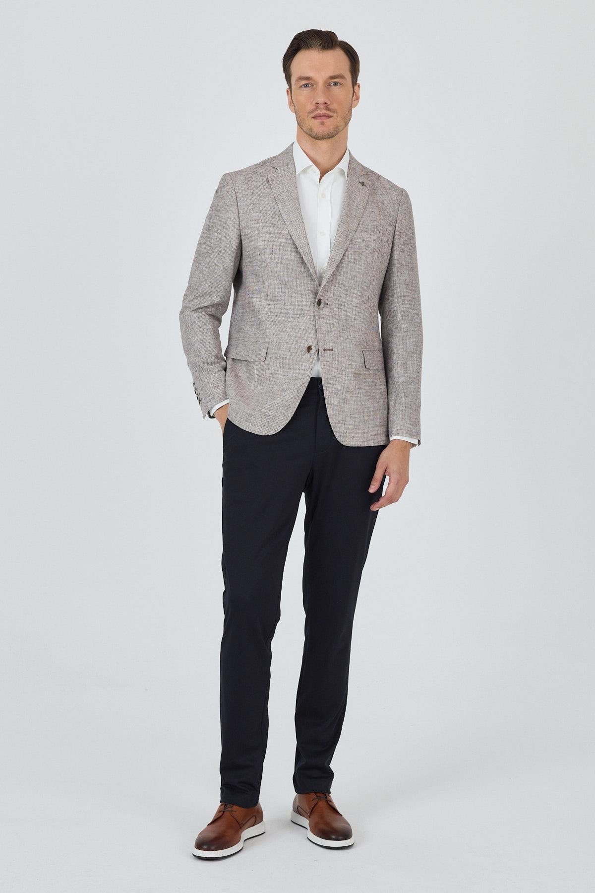 Bej Desen Bez Ayağı Mono Yaka Yarım Astar Keten Karışımlı 6 Drop Slim Fit Ceket 1002250102