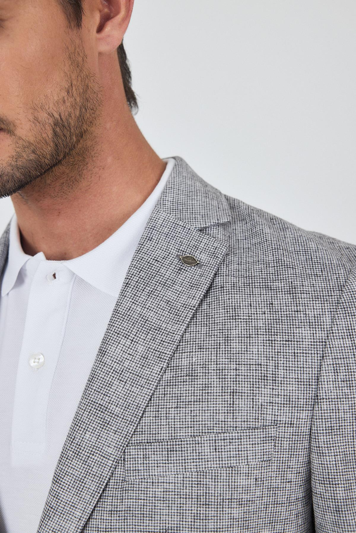 Siyah Desen Bez Ayağı Mono Yaka Yarım Astar Keten Karışımlı 6 Drop Slim Fit Ceket 1002250102