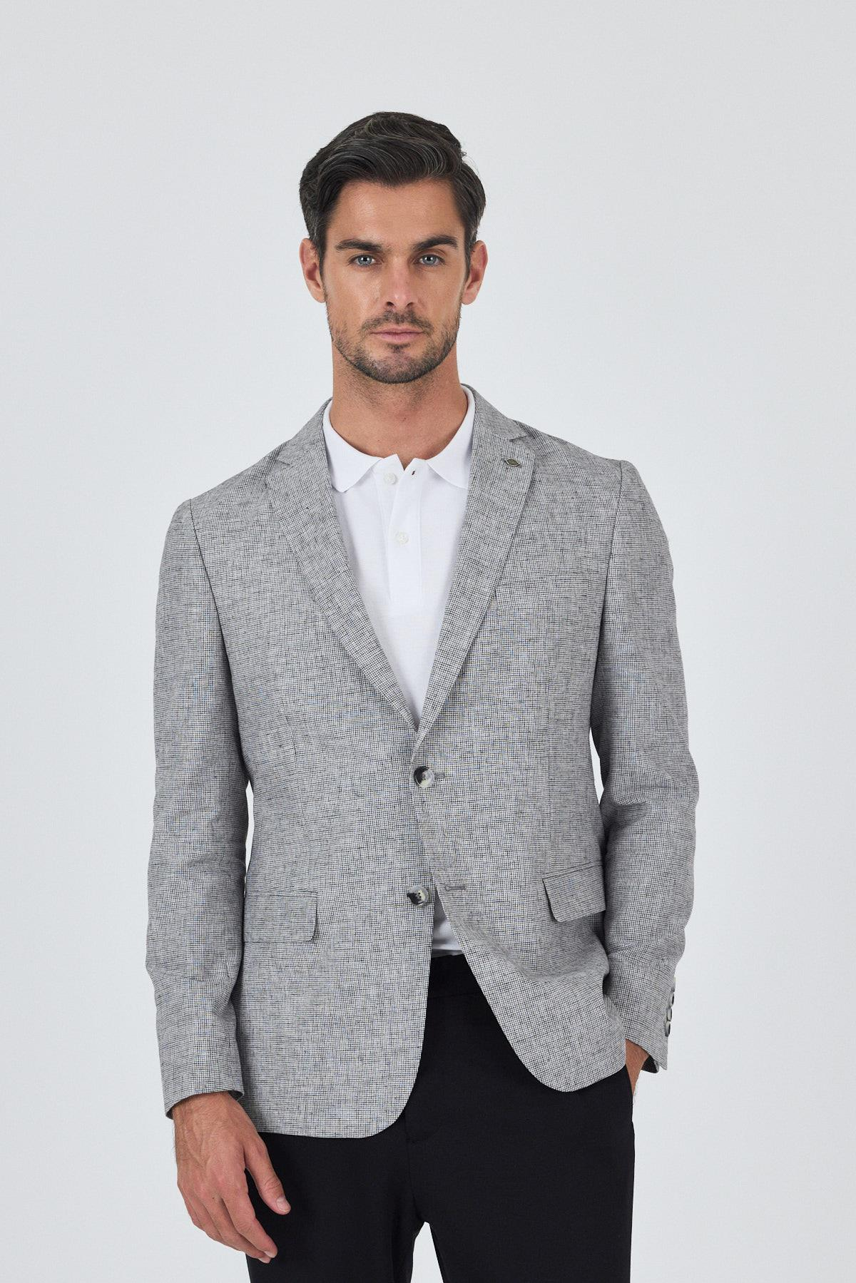 Siyah Desen Bez Ayağı Mono Yaka Yarım Astar Keten Karışımlı 6 Drop Slim Fit Ceket 1002250102
